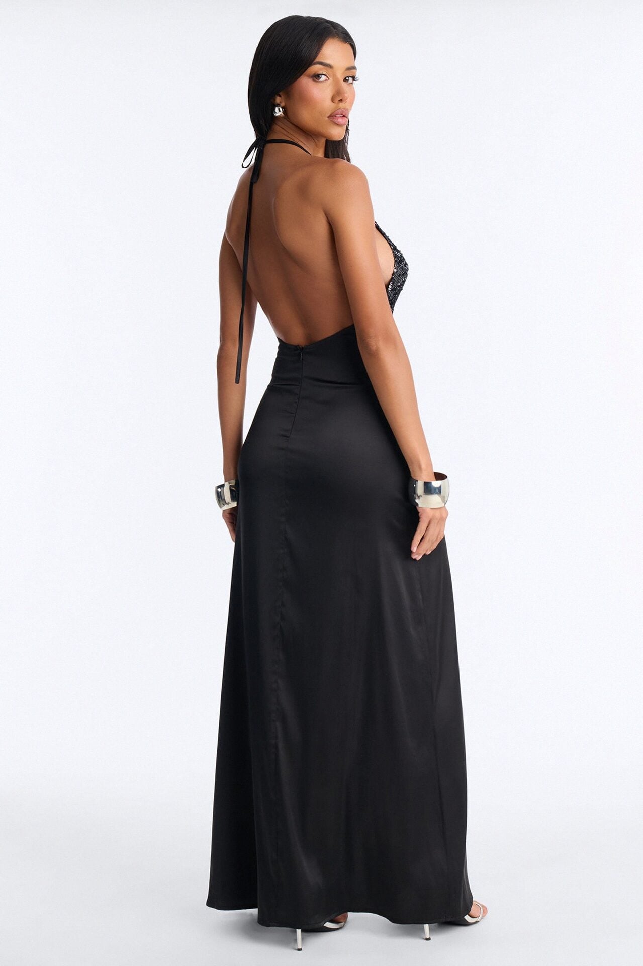 Camera Ready Sequin Satin Maxi Dress - Black image 4