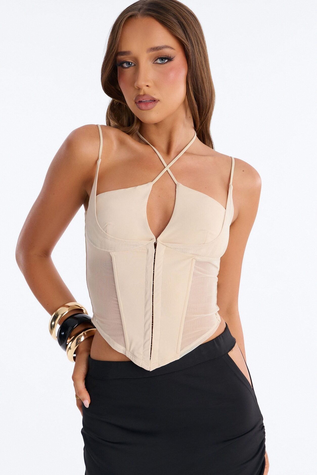 Amaya Mech Cut Out Corset Top - Stone image 5