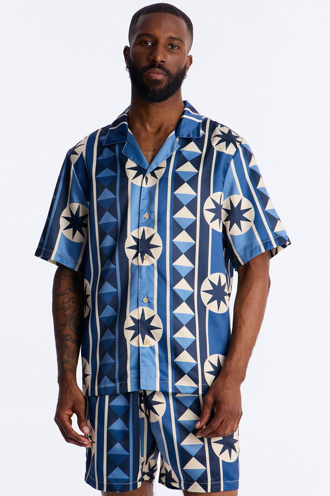 Toscana Geo Cuban Collar Shirt - Blue image 1