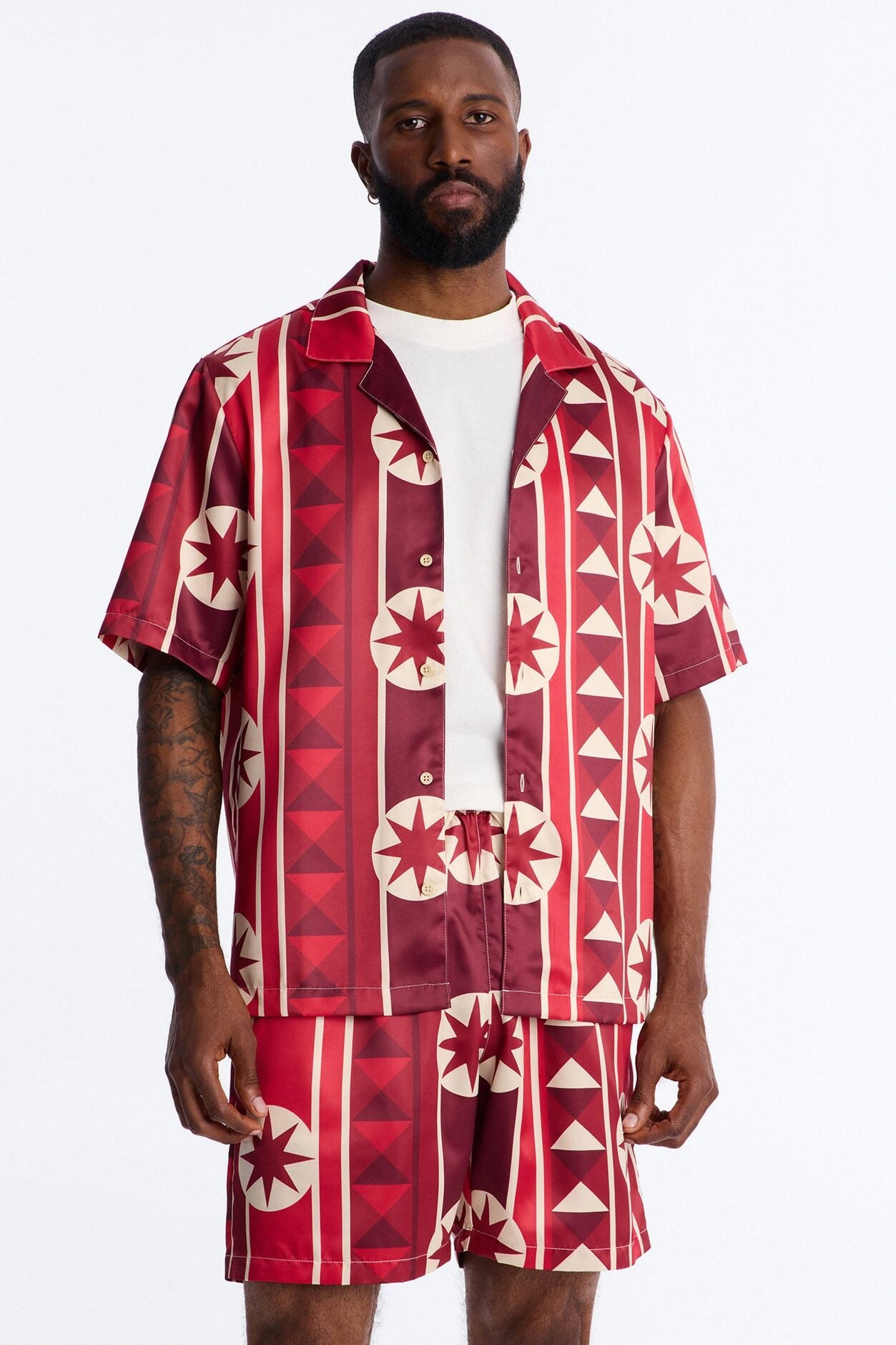 Toscana Geo Cuban Collar Shirt - Red image 3