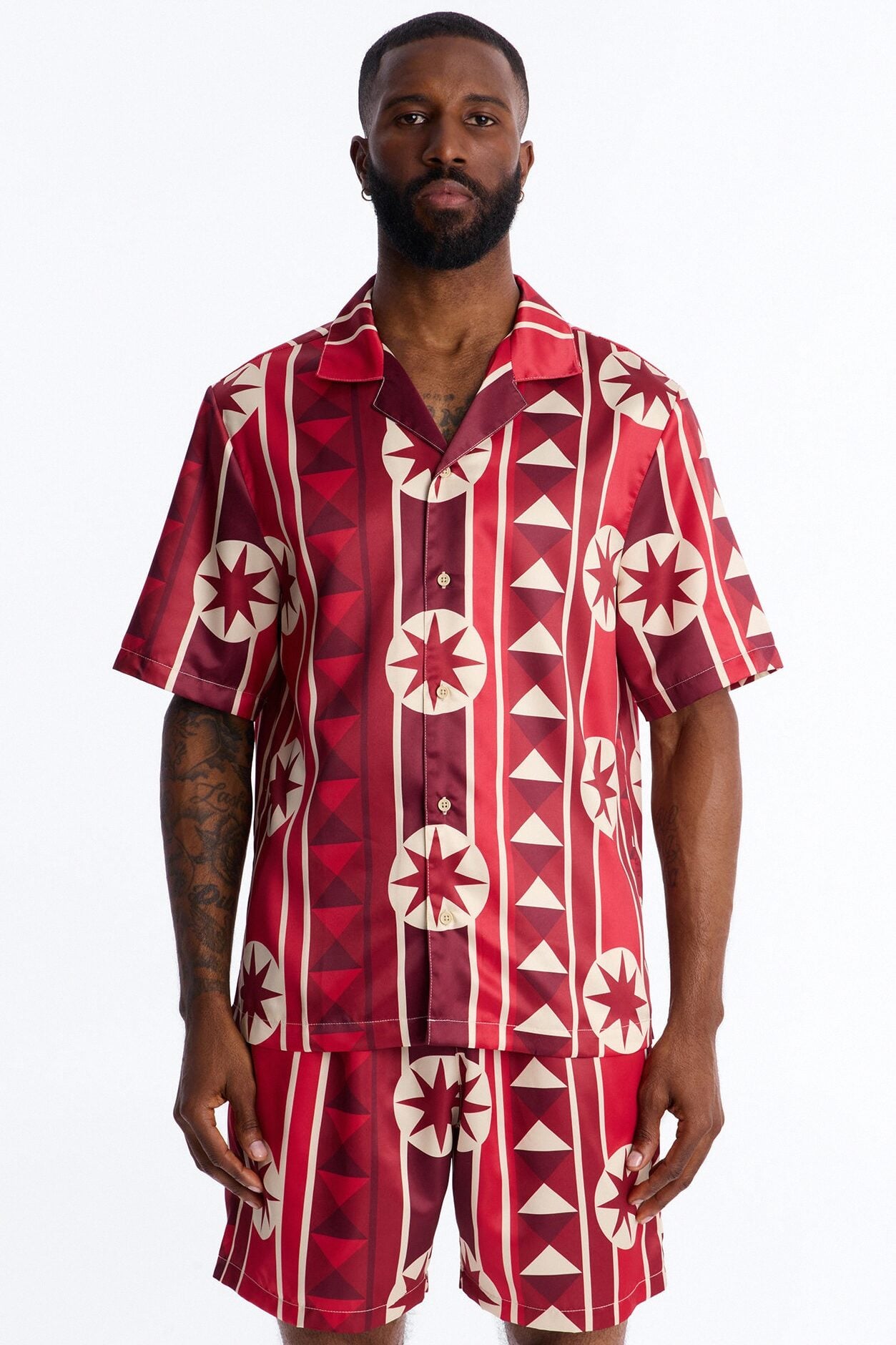 Toscana Geo Cuban Collar Shirt - Red image 1