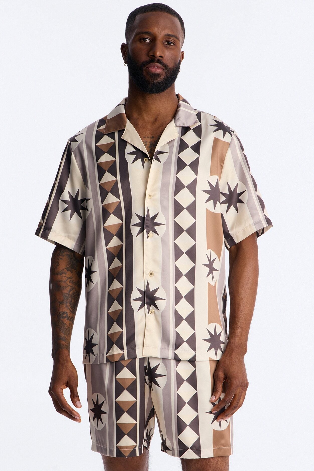 Toscana Geo Cuban Collar Shirt - Tan image 1