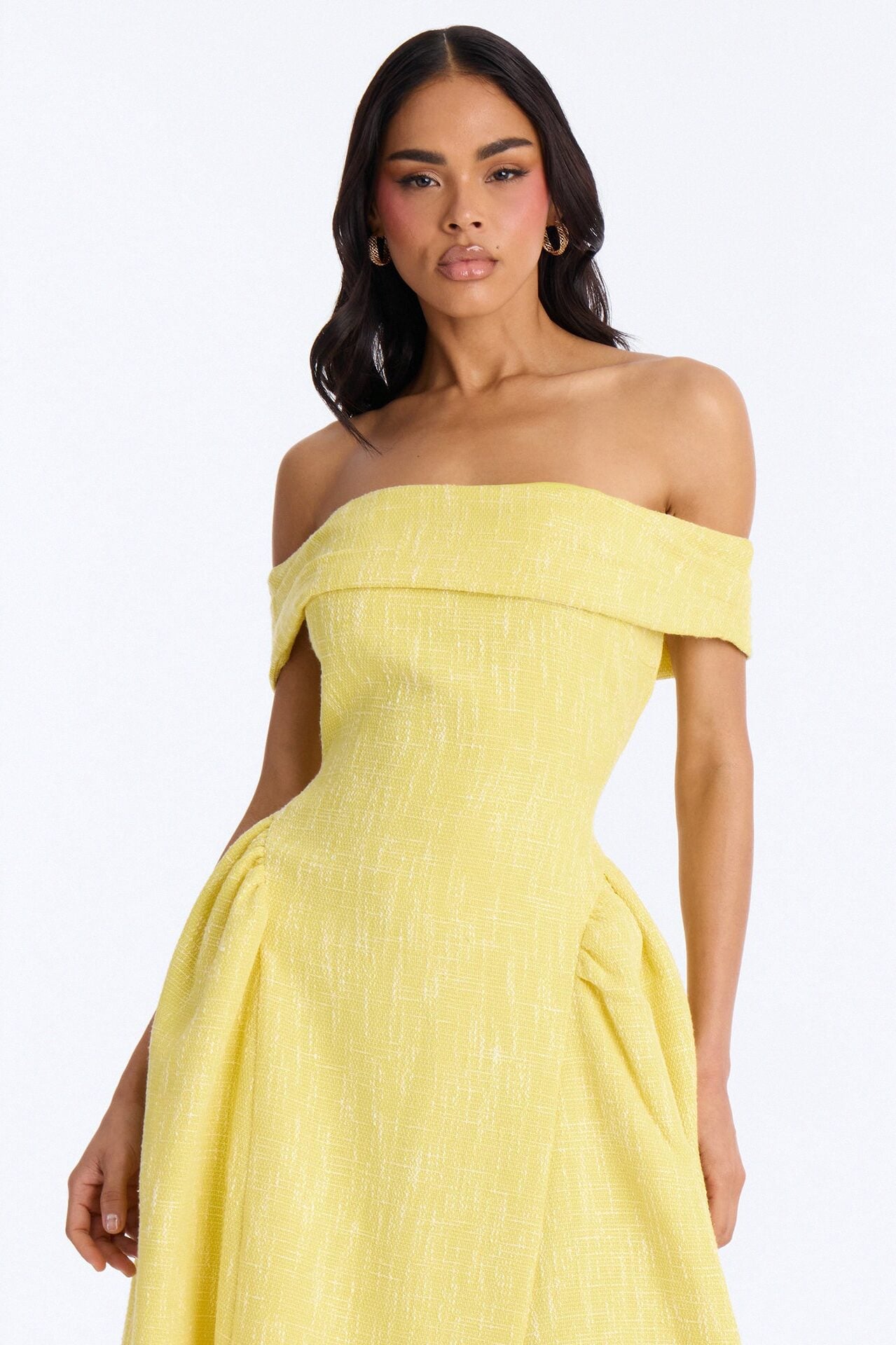 Paisley Off Shoulder Tweed Midi Dress - Yellow image 2