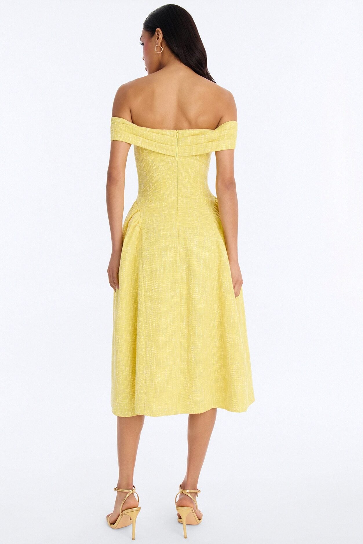 Paisley Off Shoulder Tweed Midi Dress - Yellow image 4