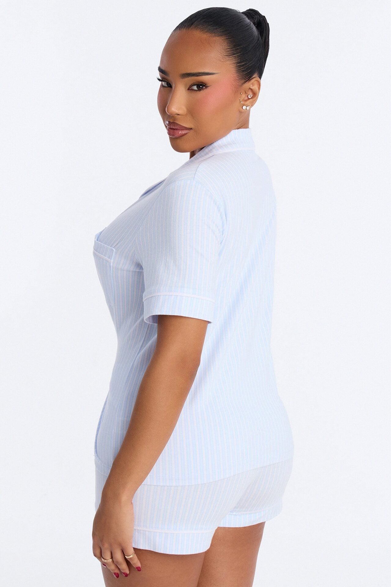 Double Pin Stripe Notch Collar PJ Short Set - Ice Blue image 3