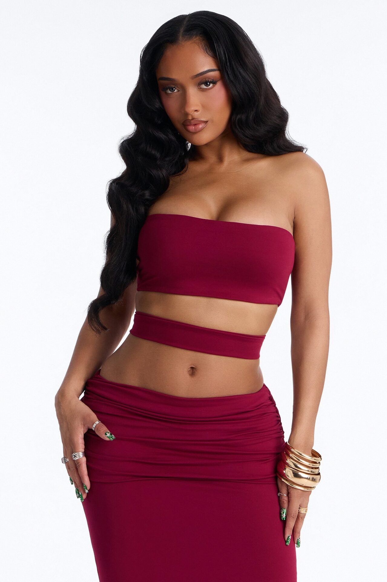 Bianca Matte Form Double Lined Fold Over Maxi Skirt Set - Wine image 2