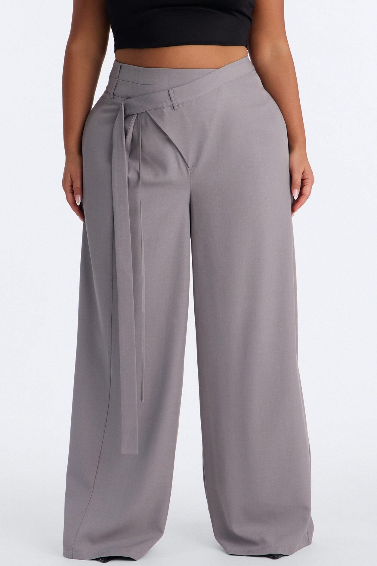 Center of Attention Asymmetrical Waist Wide Leg Trousers - Grey image 1