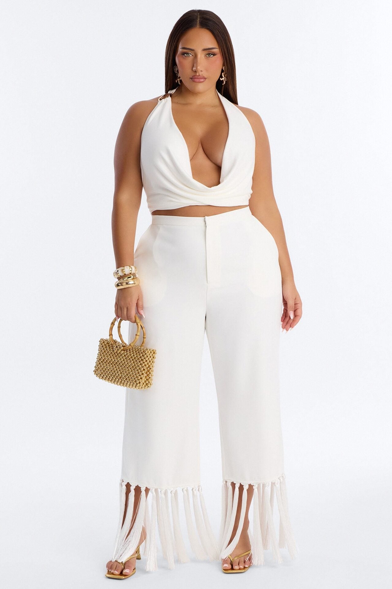 Samantha High Rise Wide Leg Tassel Fringe Trouser - Ivory image 1