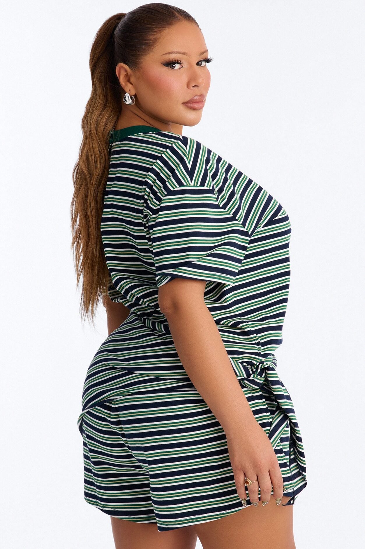 Halle Striped Waist Scarf Romper - Green image 8