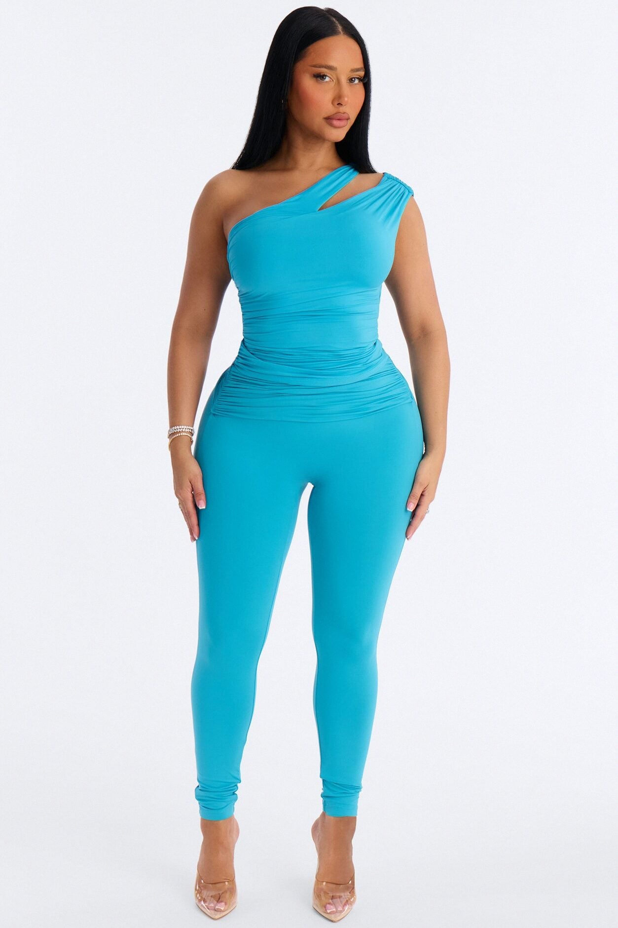 Second Skin Double Lined Cut Out One Shoulder Sleeveless Top - Blue image 2