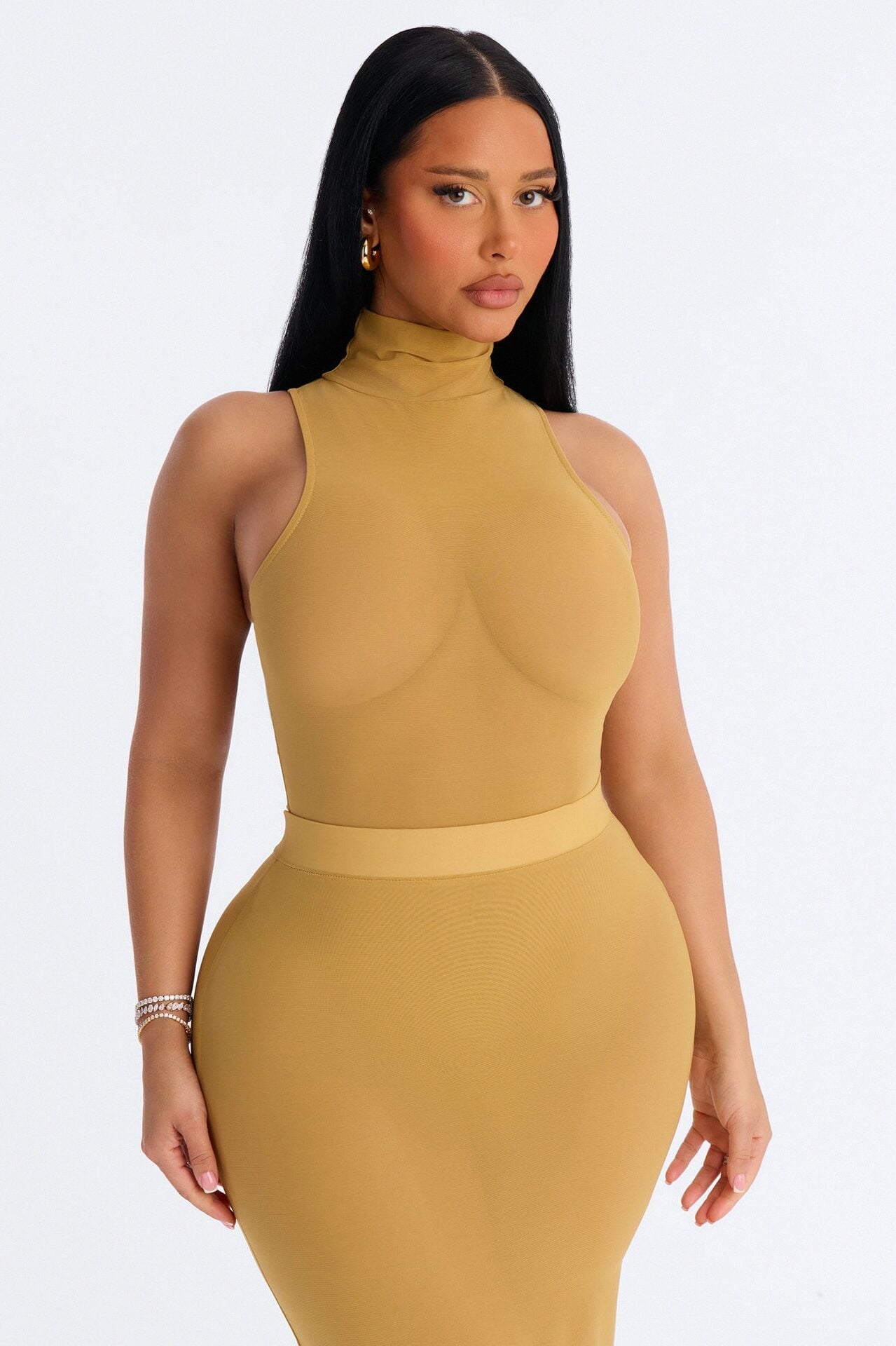 Power Mesh Turtle Neck Sleeveless Bodysuit - Honey image 3