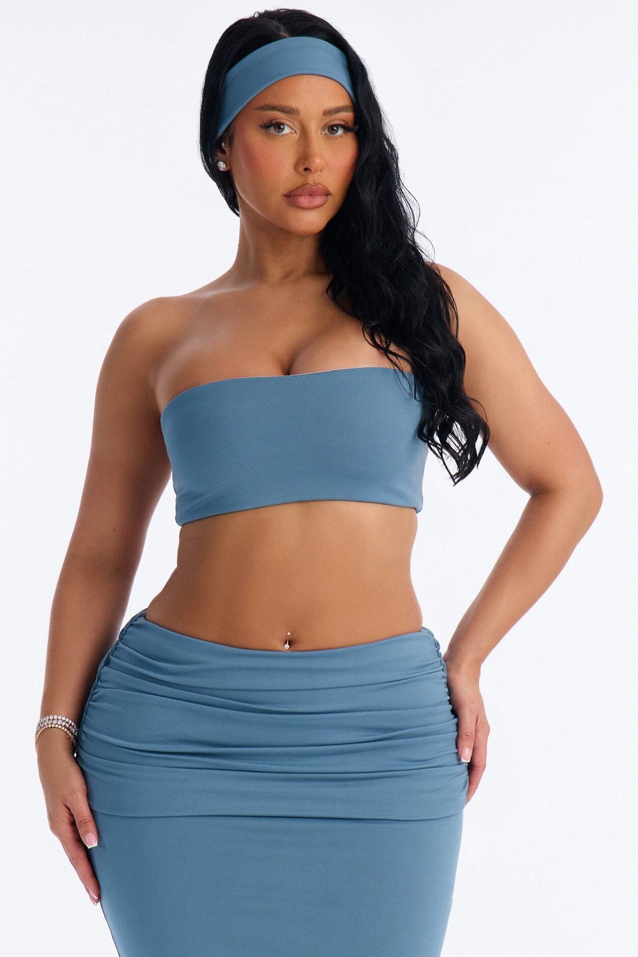 Bianca Matte Form Double Lined Fold Over Maxi Skirt Set - Denim image 2