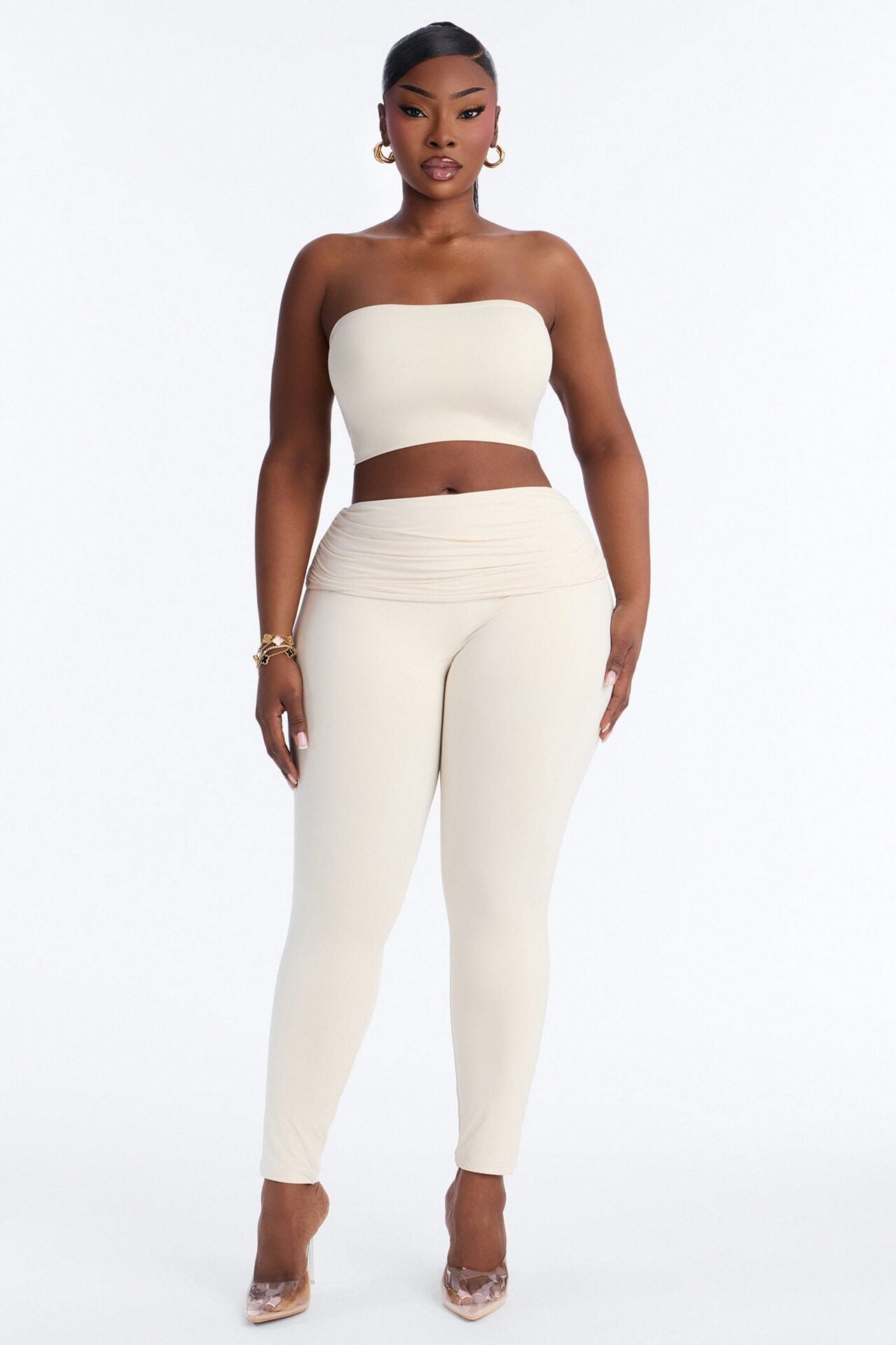 Second Skin Double Lined Ruched Foldover Leggings - Bone image 1