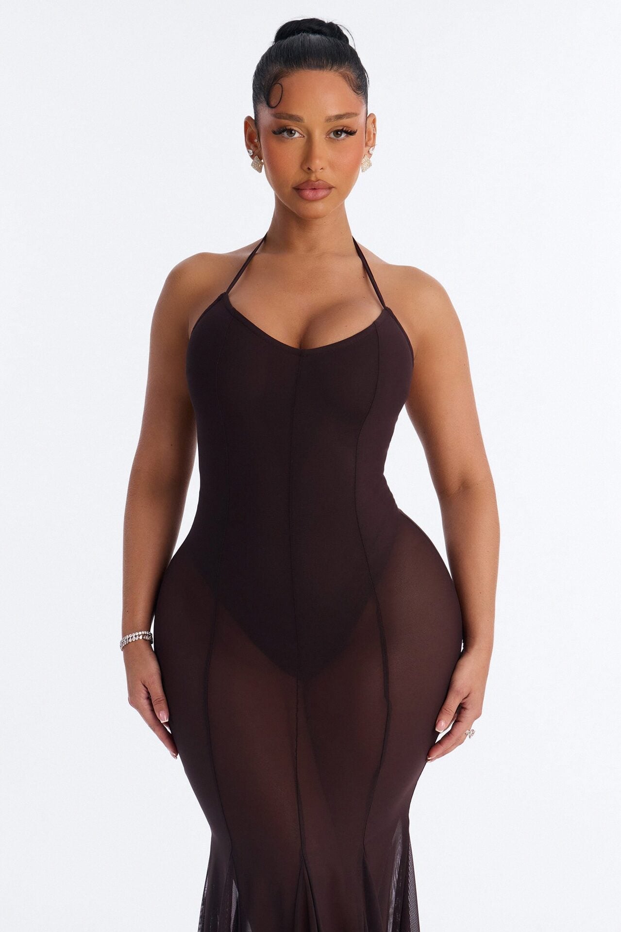 Power Mesh V Neck Halter Maxi Dress - Chocolate image 2