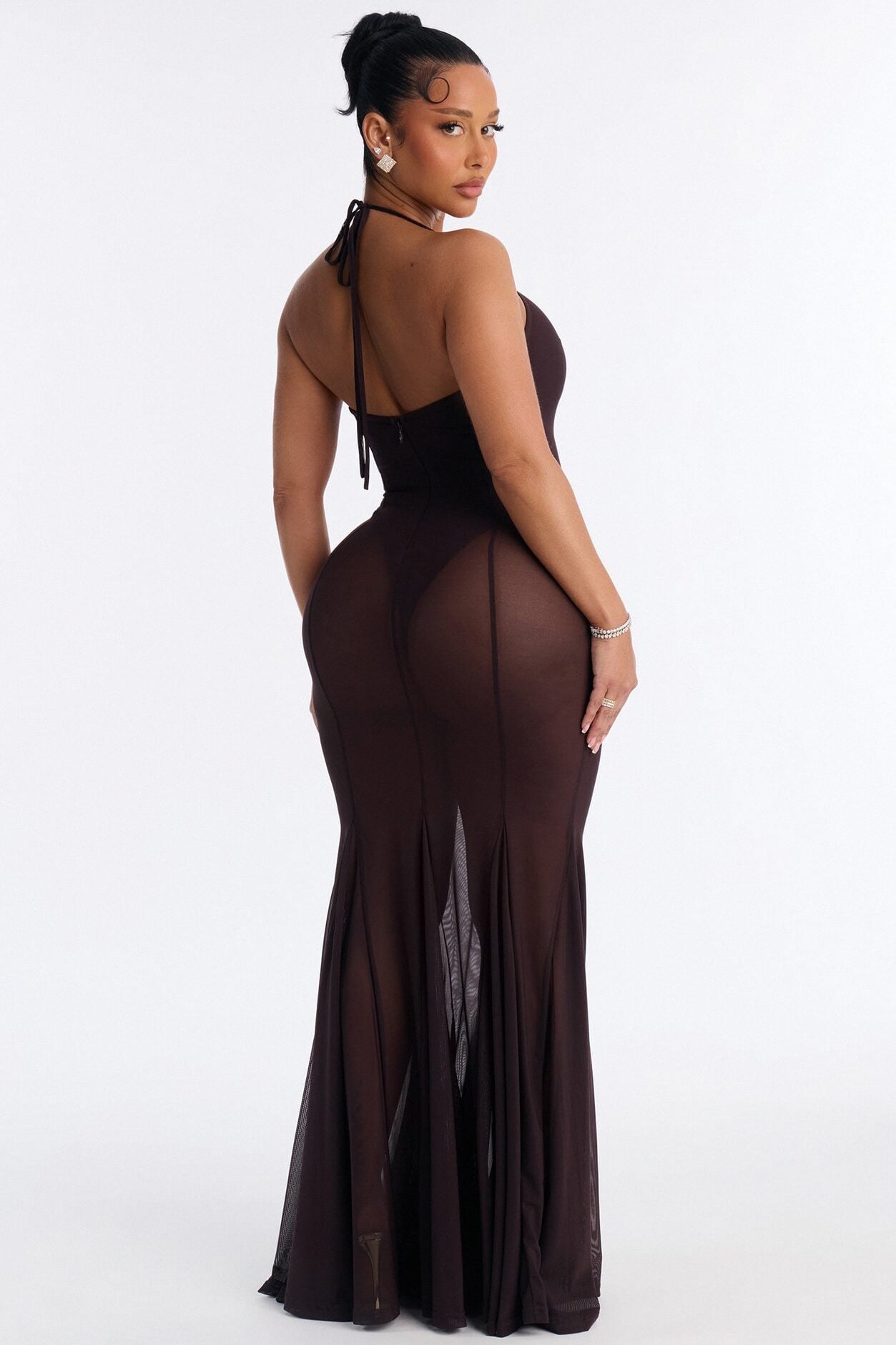 Power Mesh V Neck Halter Maxi Dress - Chocolate image 4