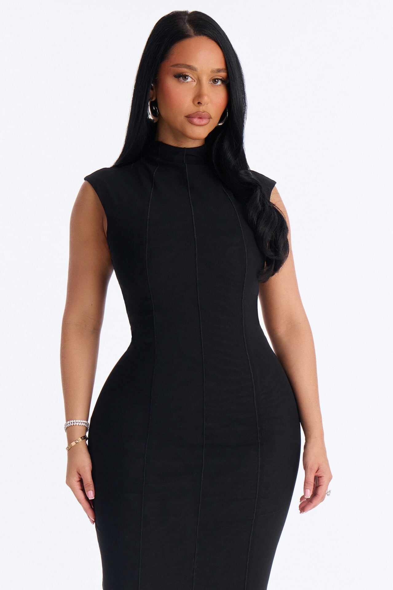 Power Mesh Double Lined Mock Neck Sleeveless Maxi Dress - Black image 2