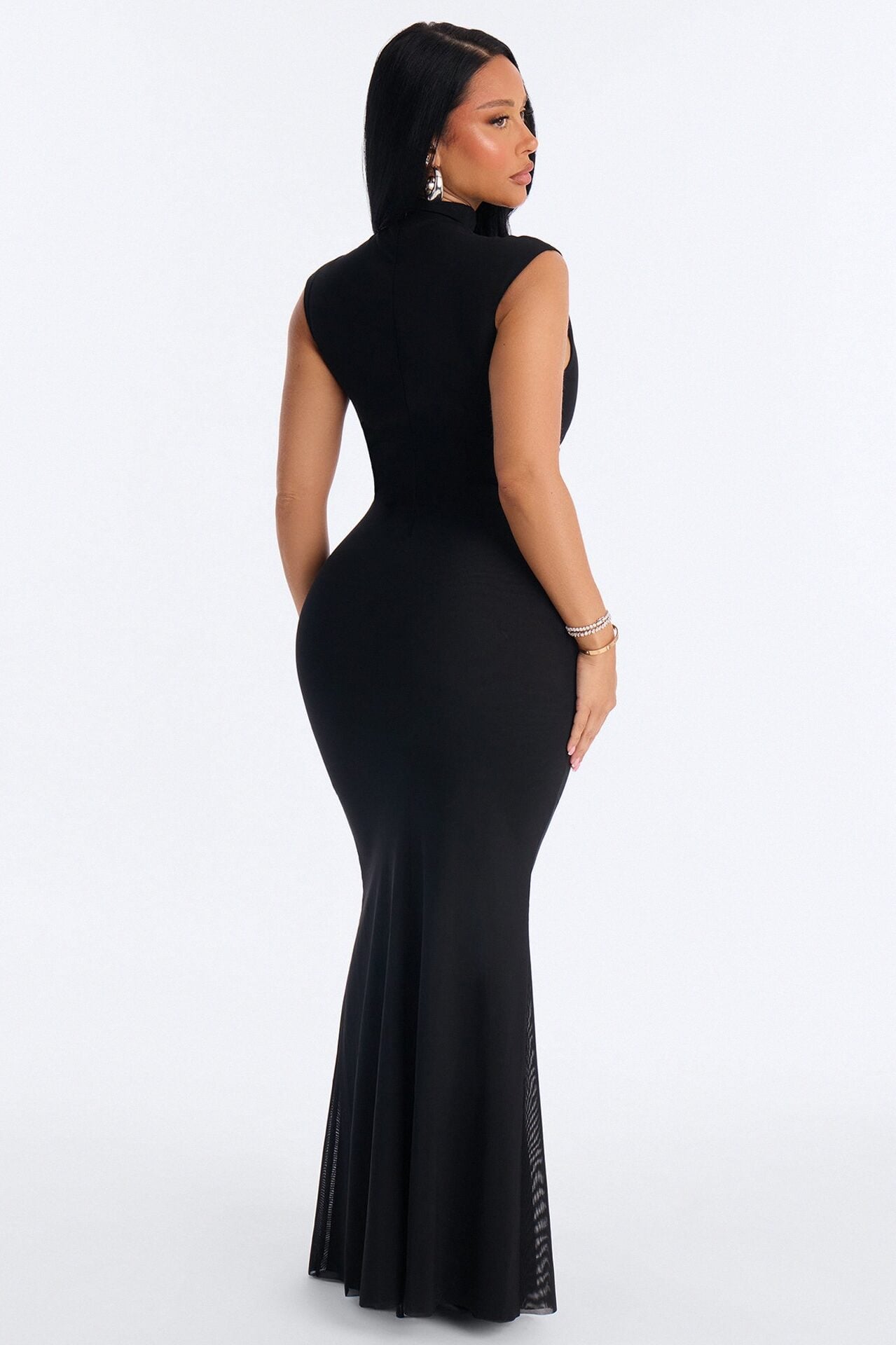 Power Mesh Double Lined Mock Neck Sleeveless Maxi Dress - Black image 4