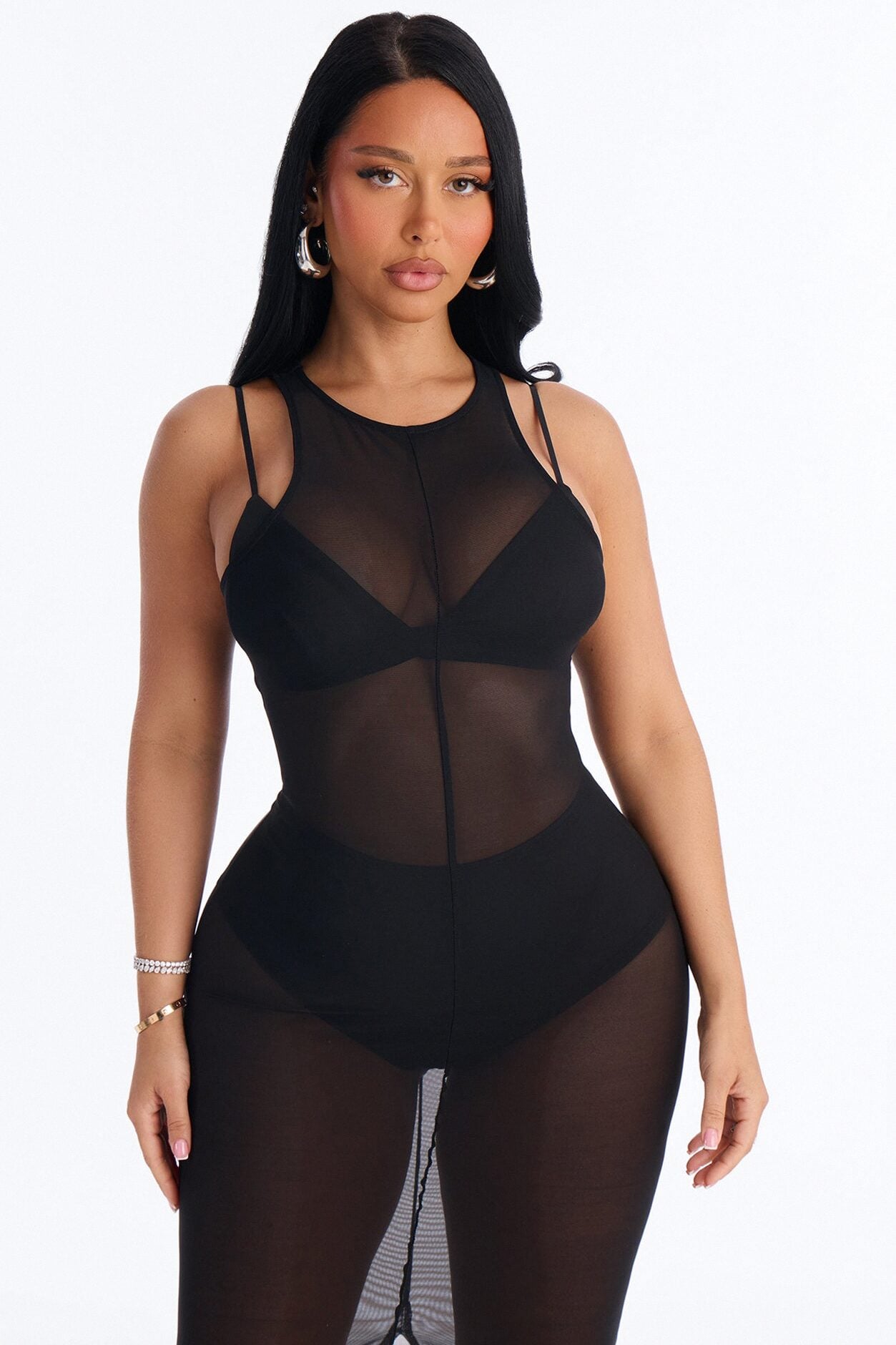 Power Mesh Sleeveless 3 Piece Maxi Dress Set - Black image 2