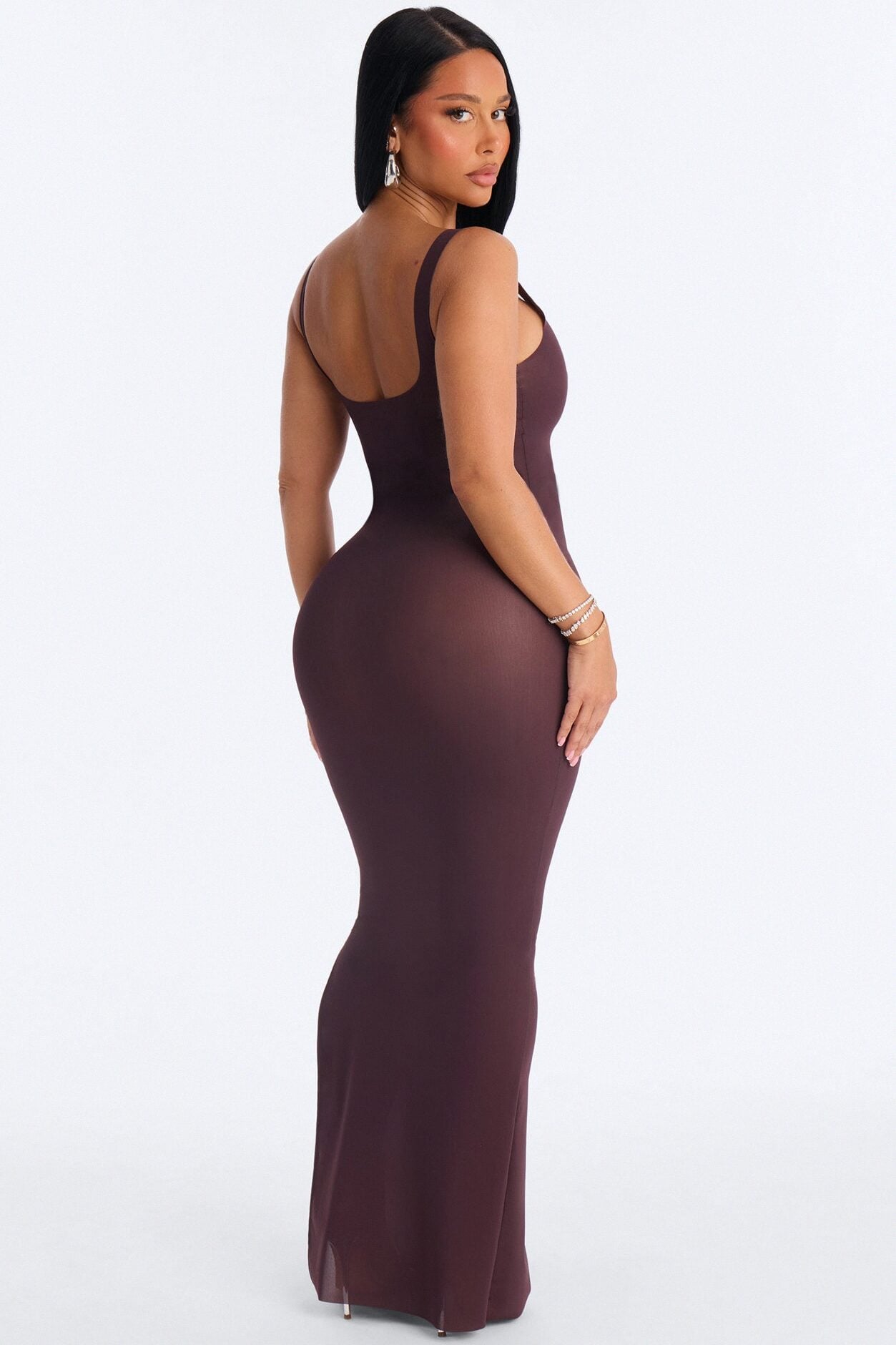 Power Mesh Low Scoop Back Sleeveless Maxi Dress - Chocolate image 4