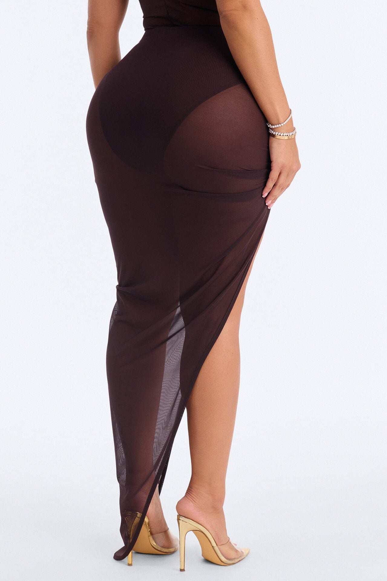 Power Mesh Ruched Twist High Slit Maxi Skirt - Chocolate image 4