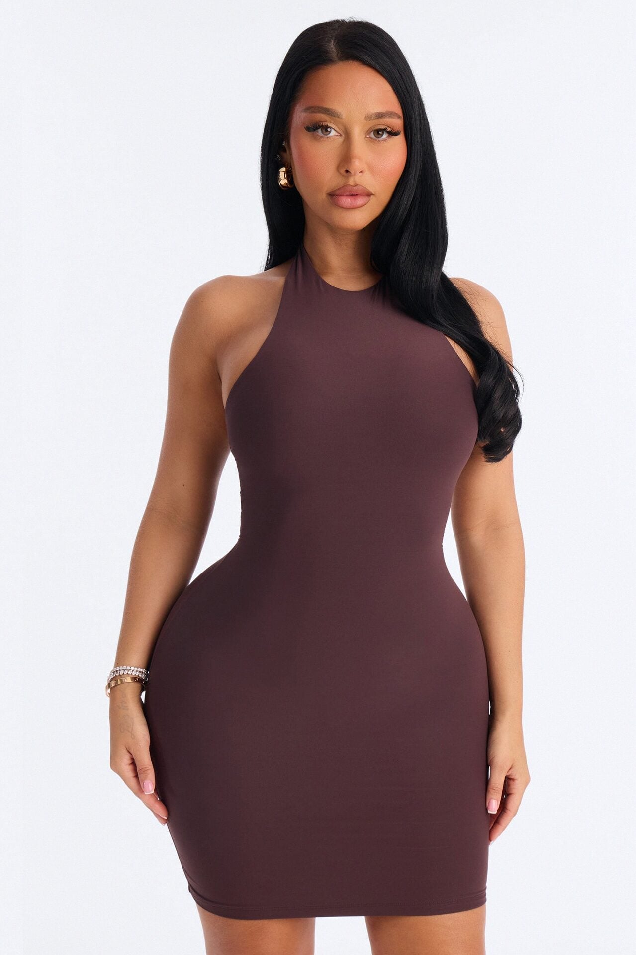 Second Skin Bra Pad Sleeveless Halter Mini Dress - Chocolate image 2
