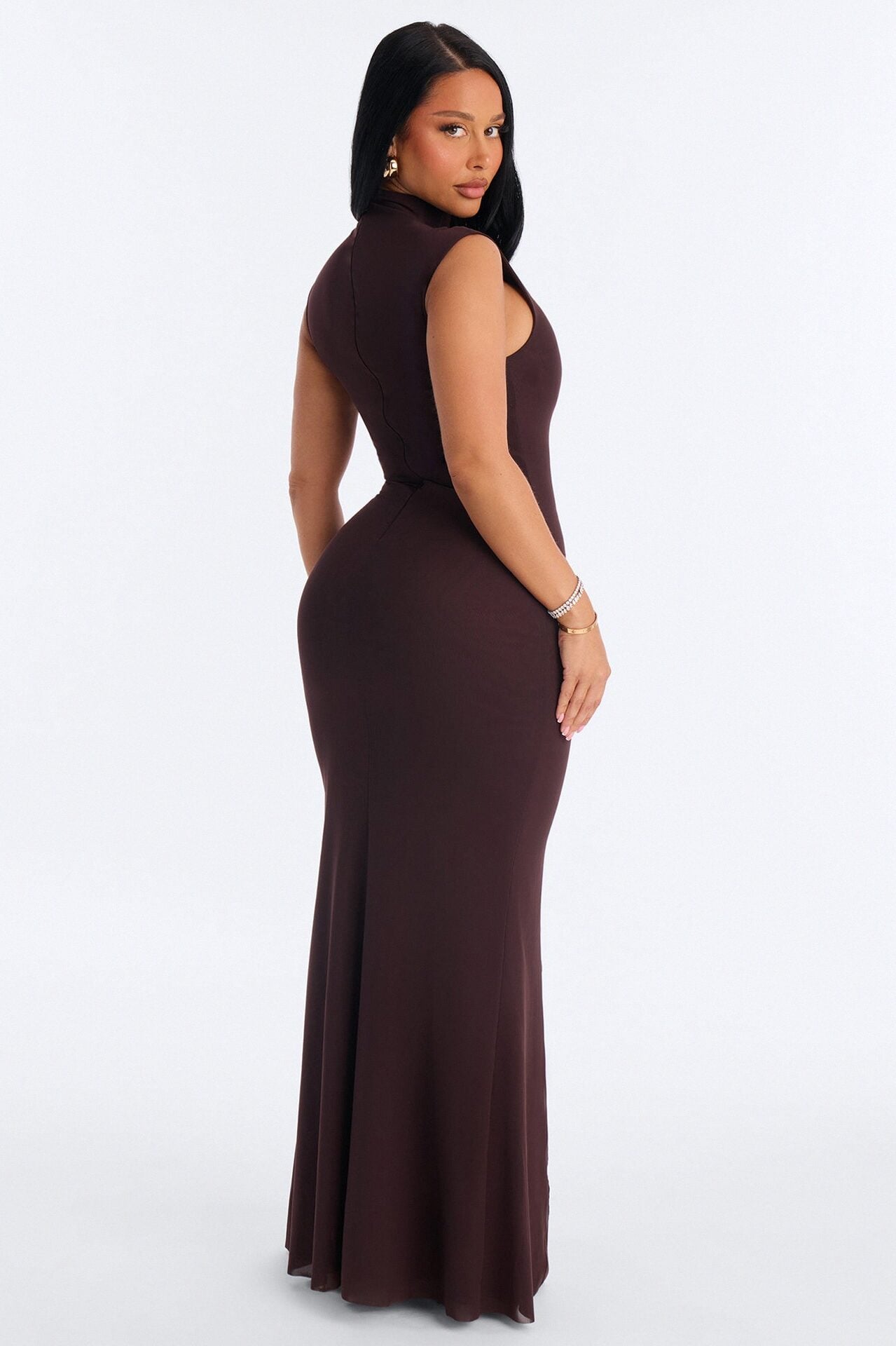 Power Mesh Double Lined Mock Neck Sleeveless Maxi Dress - Chocolate image 4