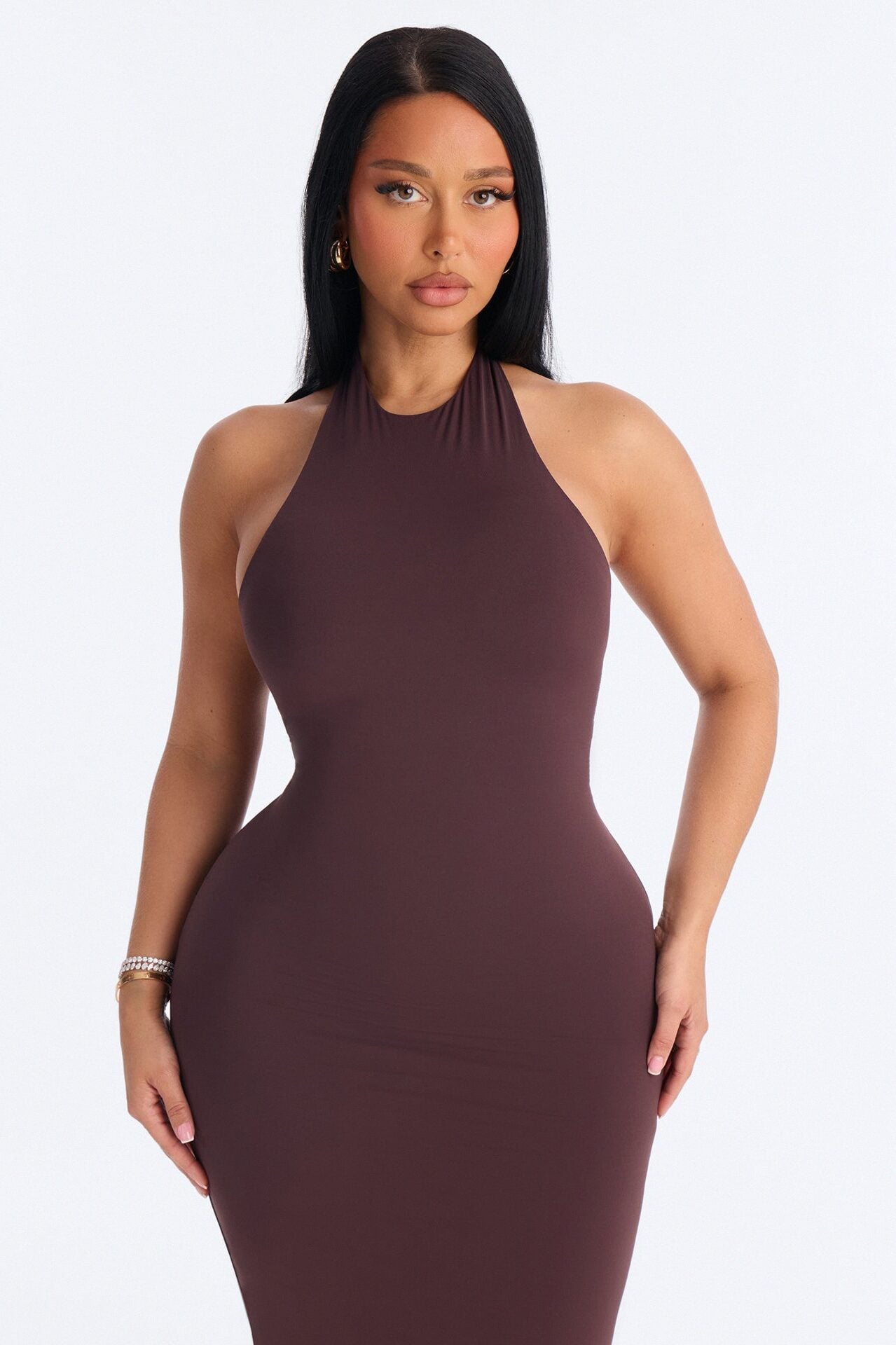 Second Skin Bra Pad Sleeveless Halter Maxi Dress - Chocolate image 2