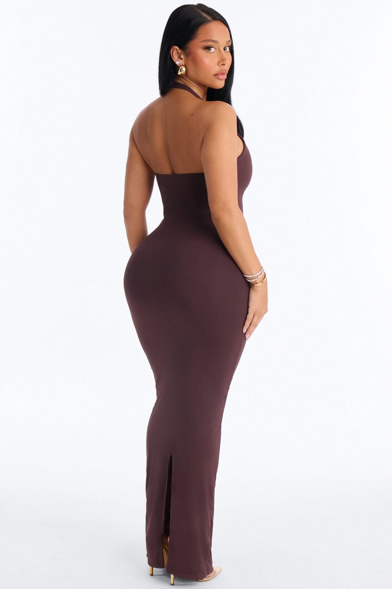Second Skin Bra Pad Sleeveless Halter Maxi Dress - Chocolate image 4