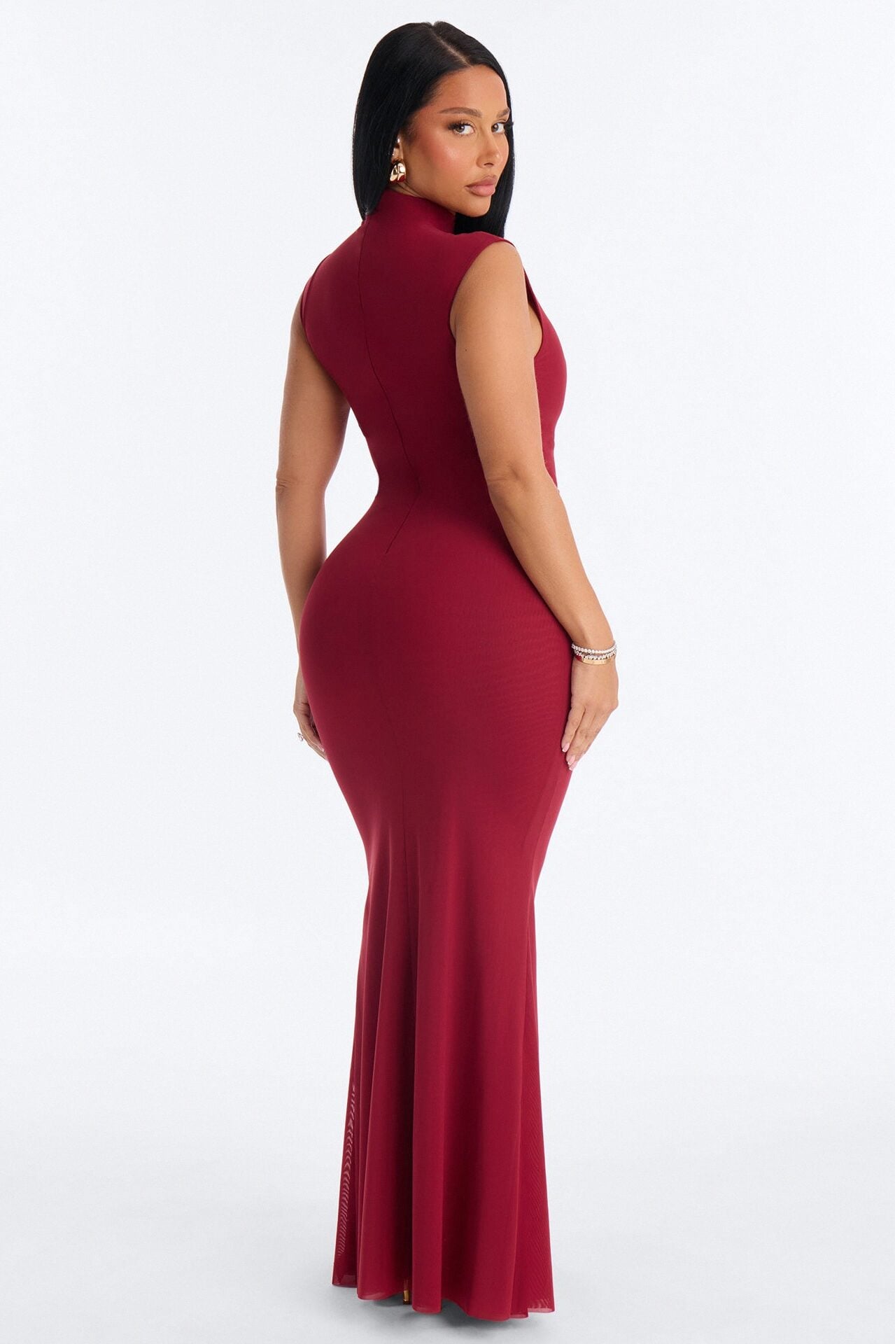 Power Mesh Double Lined Mock Neck Sleeveless Maxi Dress - DarkRed image 4