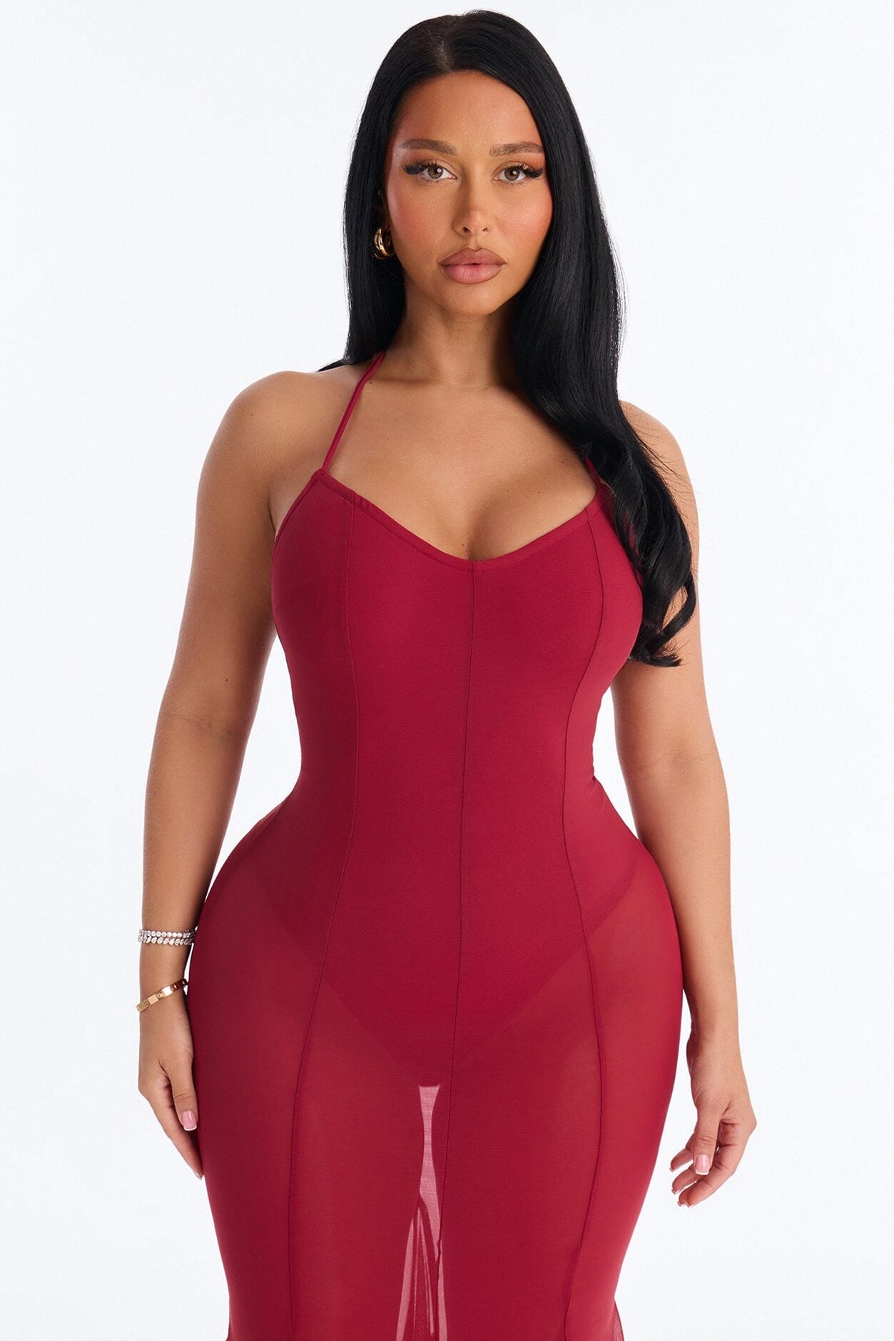 Power Mesh V Neck Halter Maxi Dress - DarkRed image 2