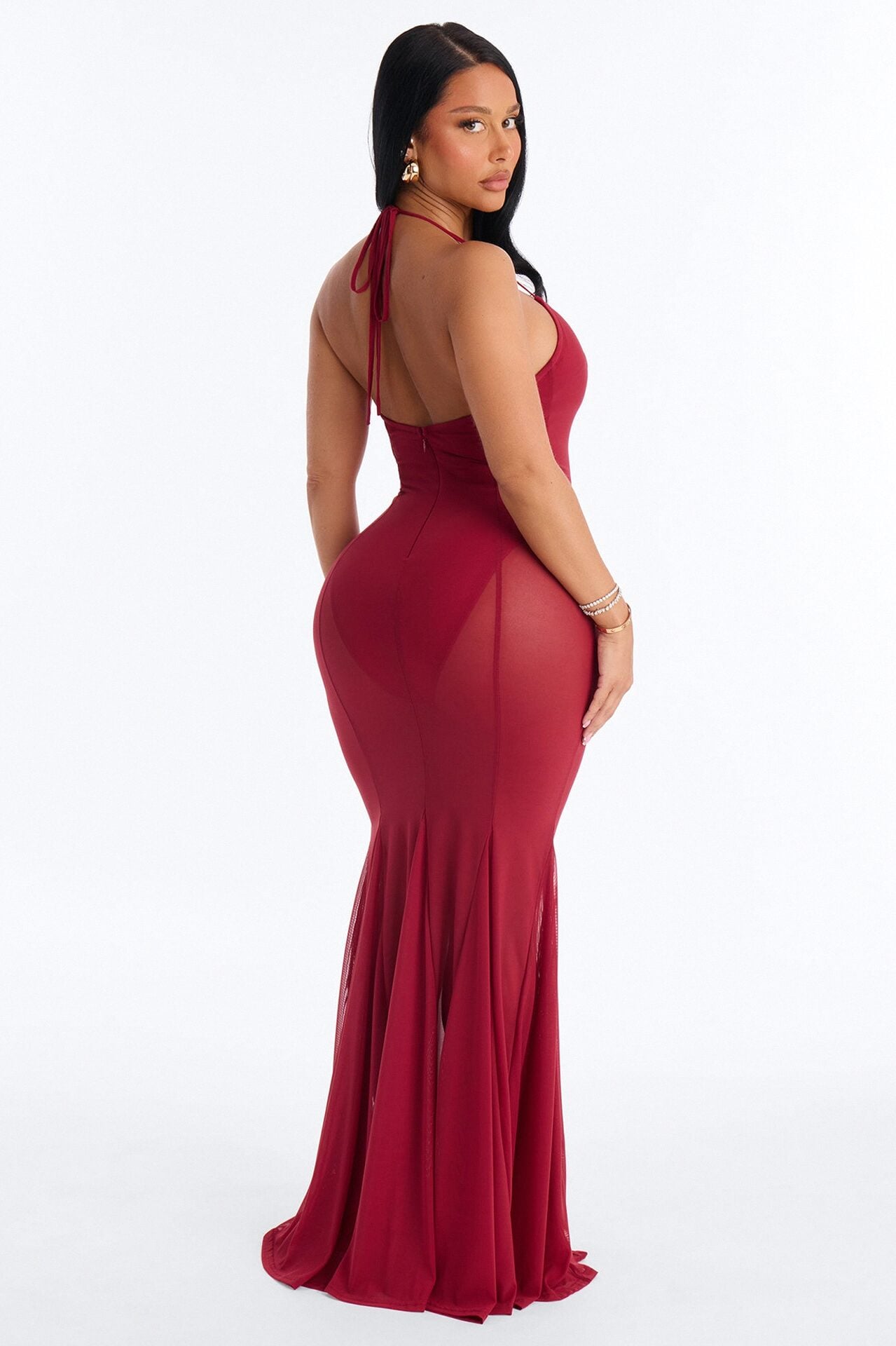 Power Mesh V Neck Halter Maxi Dress - DarkRed image 4