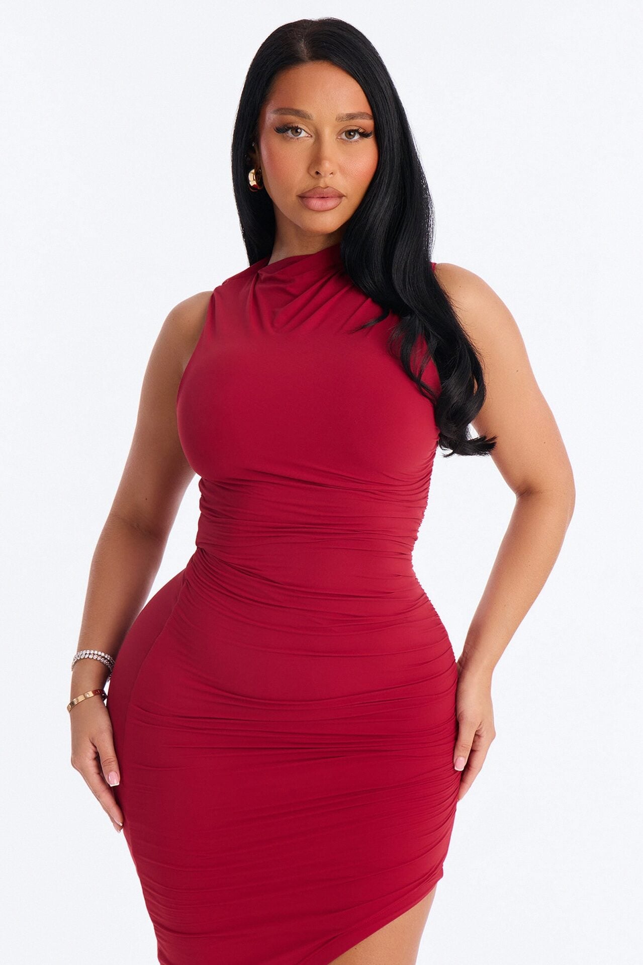 Second Skin Double Lined Ruched Slit Midi Dress - DarkRed image 2