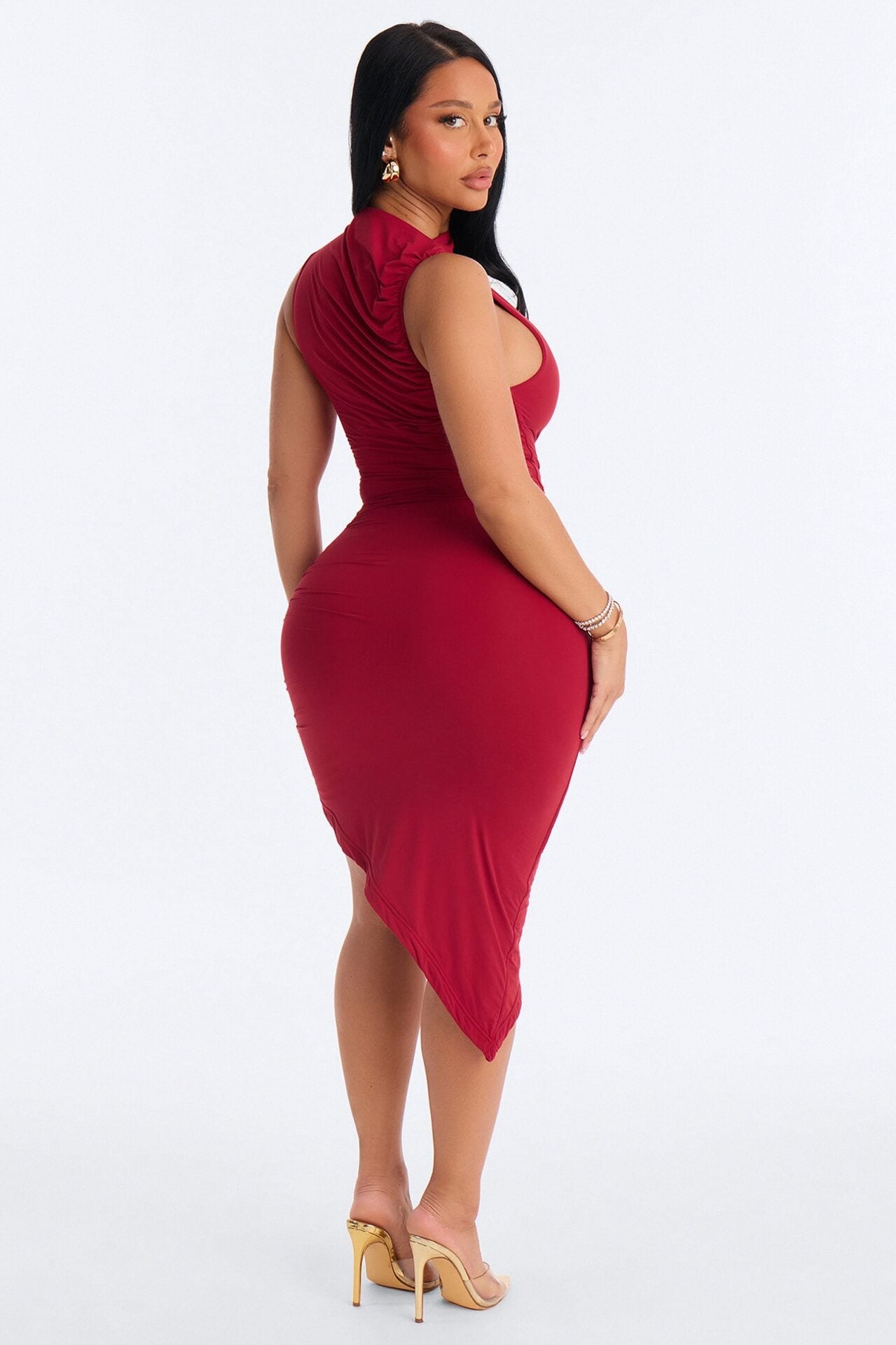 Second Skin Double Lined Ruched Slit Midi Dress - DarkRed image 4