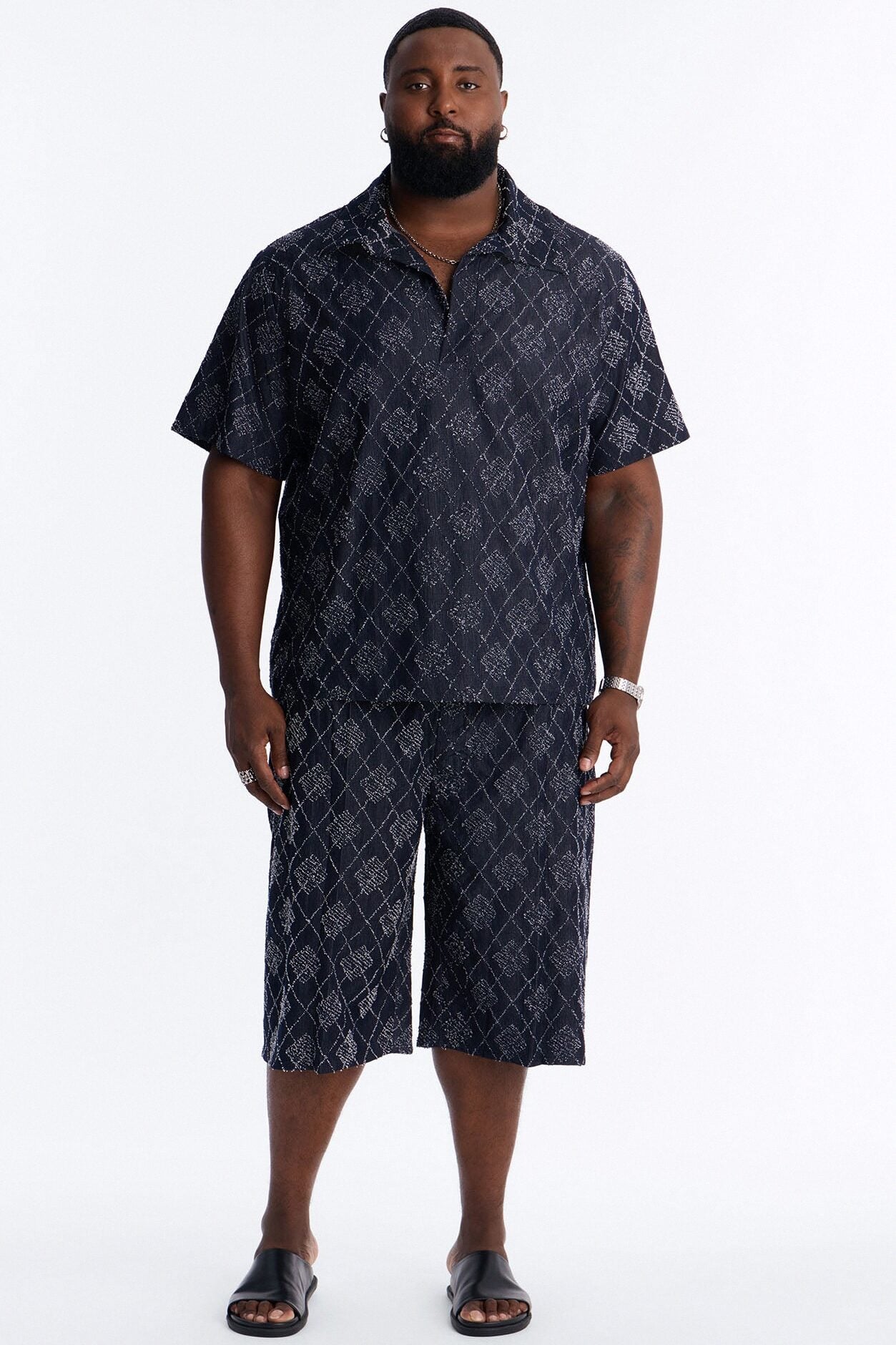 Diamond Frayed Jacquard Polo - Navy image 6