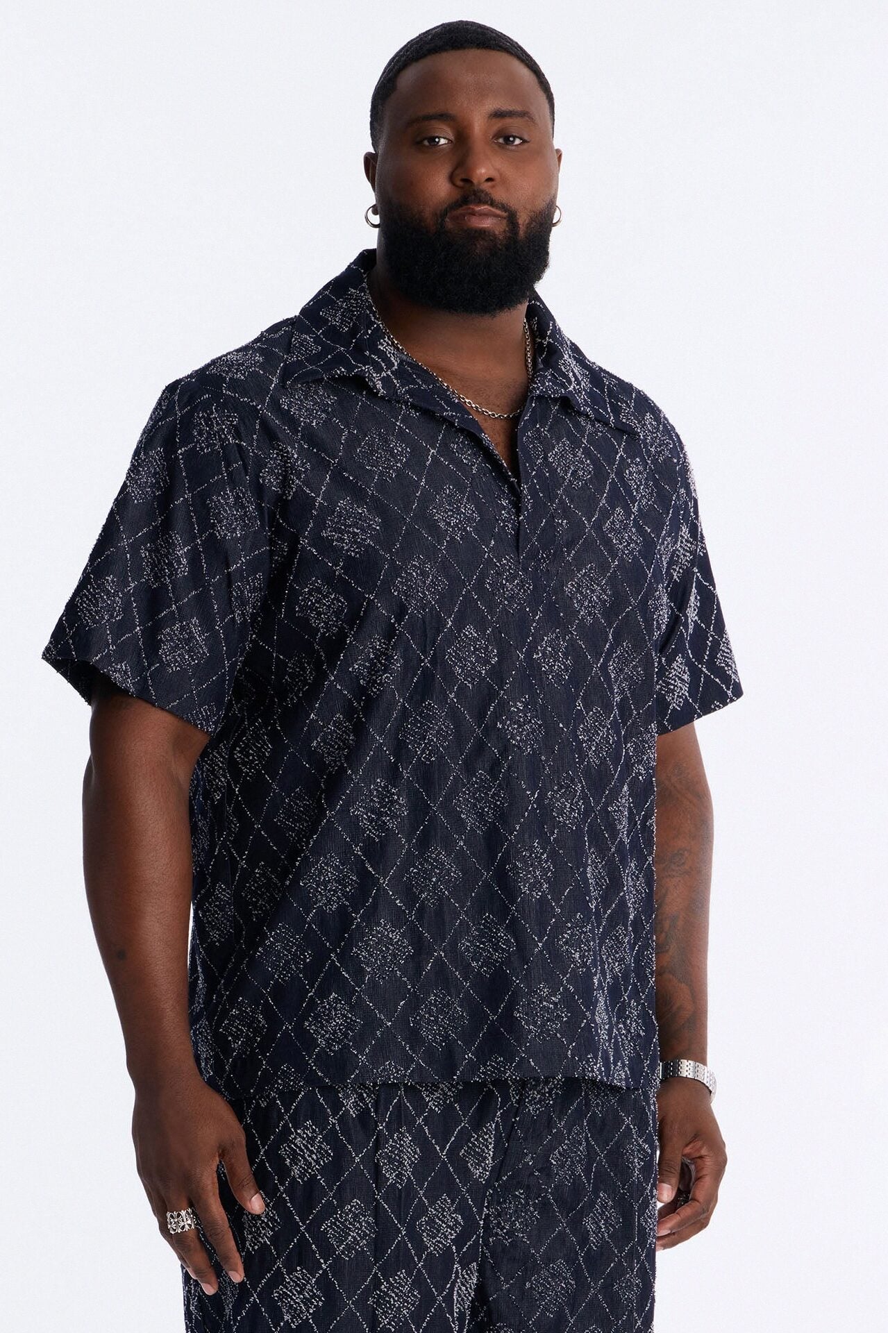 Diamond Frayed Jacquard Polo - Navy image 5