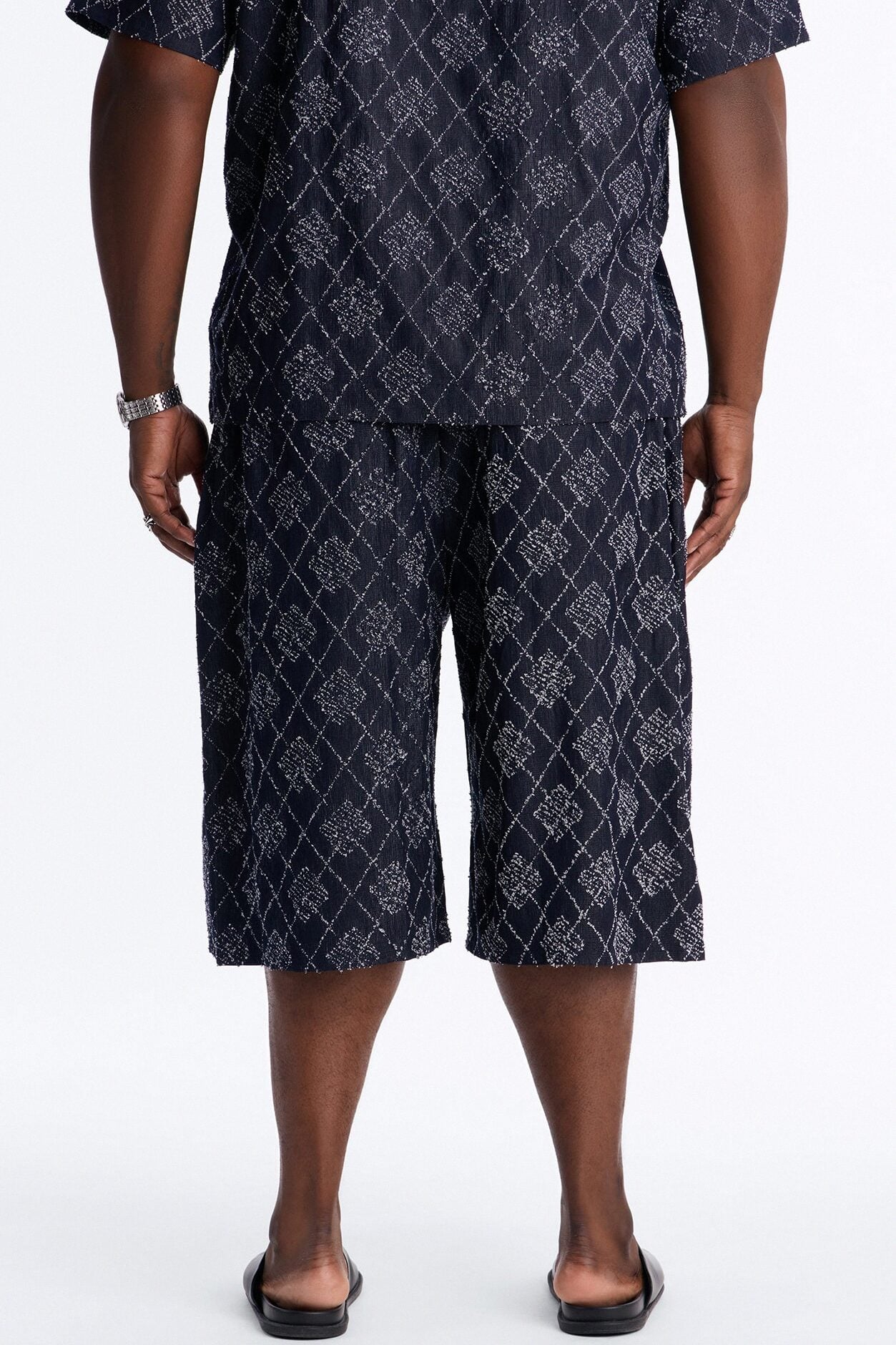 Baggy Diamond Frayed Jacquard Long Short - Navy image 8