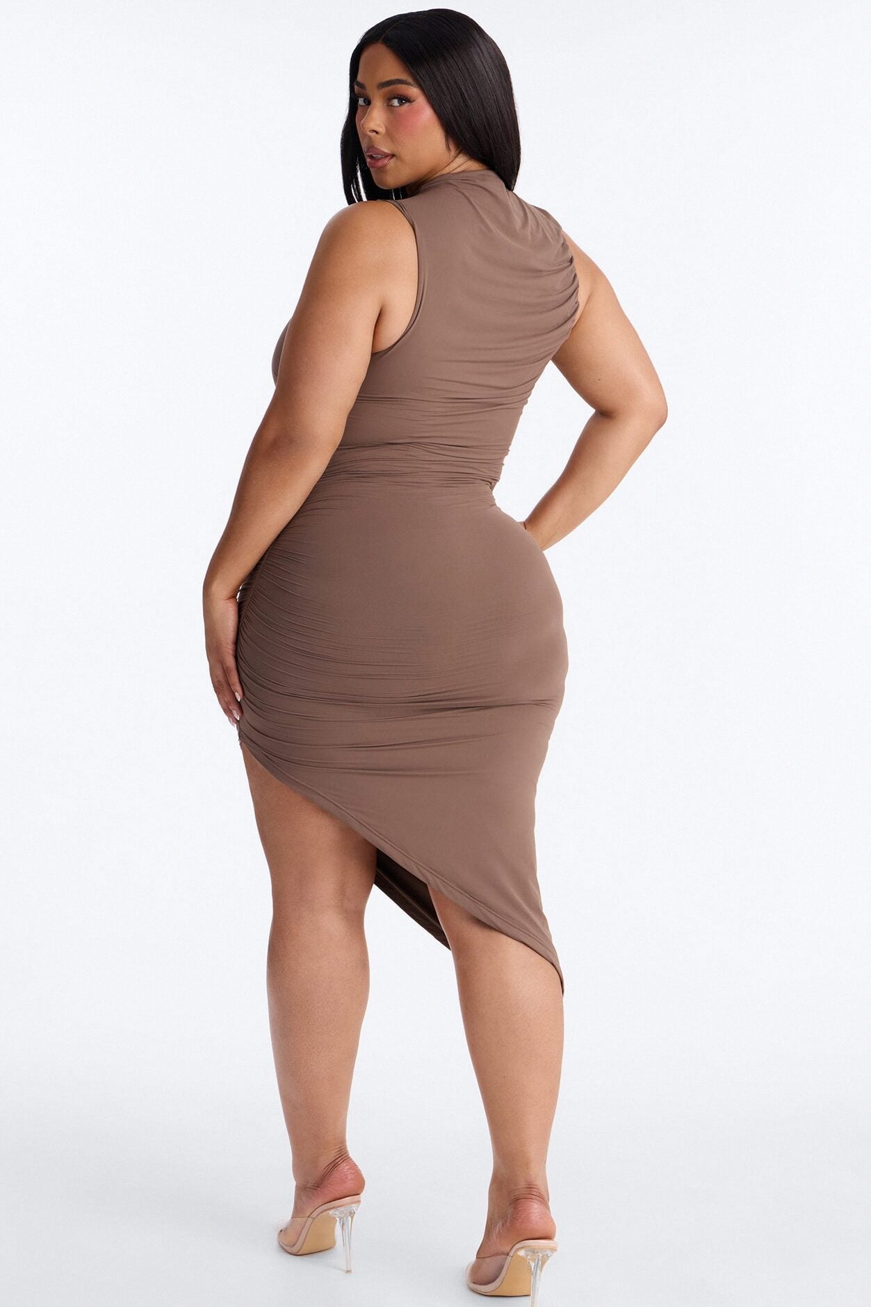Second Skin Double Lined Ruched Slit Midi Dress - Brown image 8