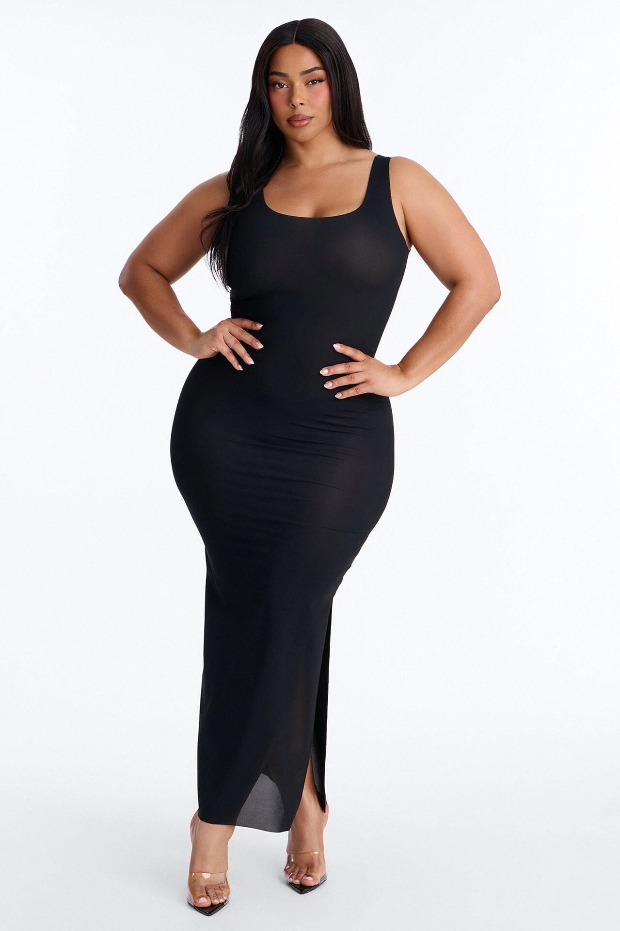Power Mesh Low Scoop Back Sleeveless Maxi Dress - Black image 5