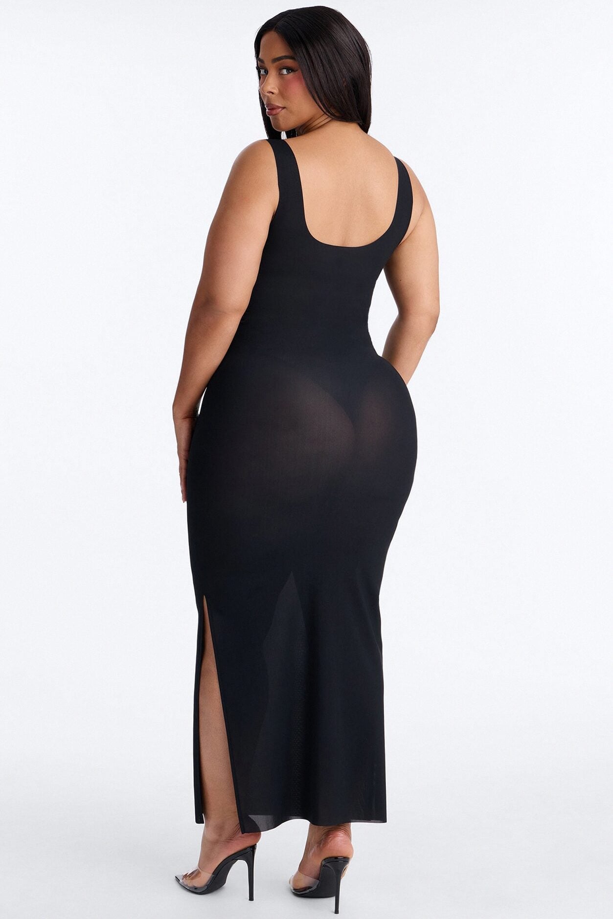 Power Mesh Low Scoop Back Sleeveless Maxi Dress - Black image 8