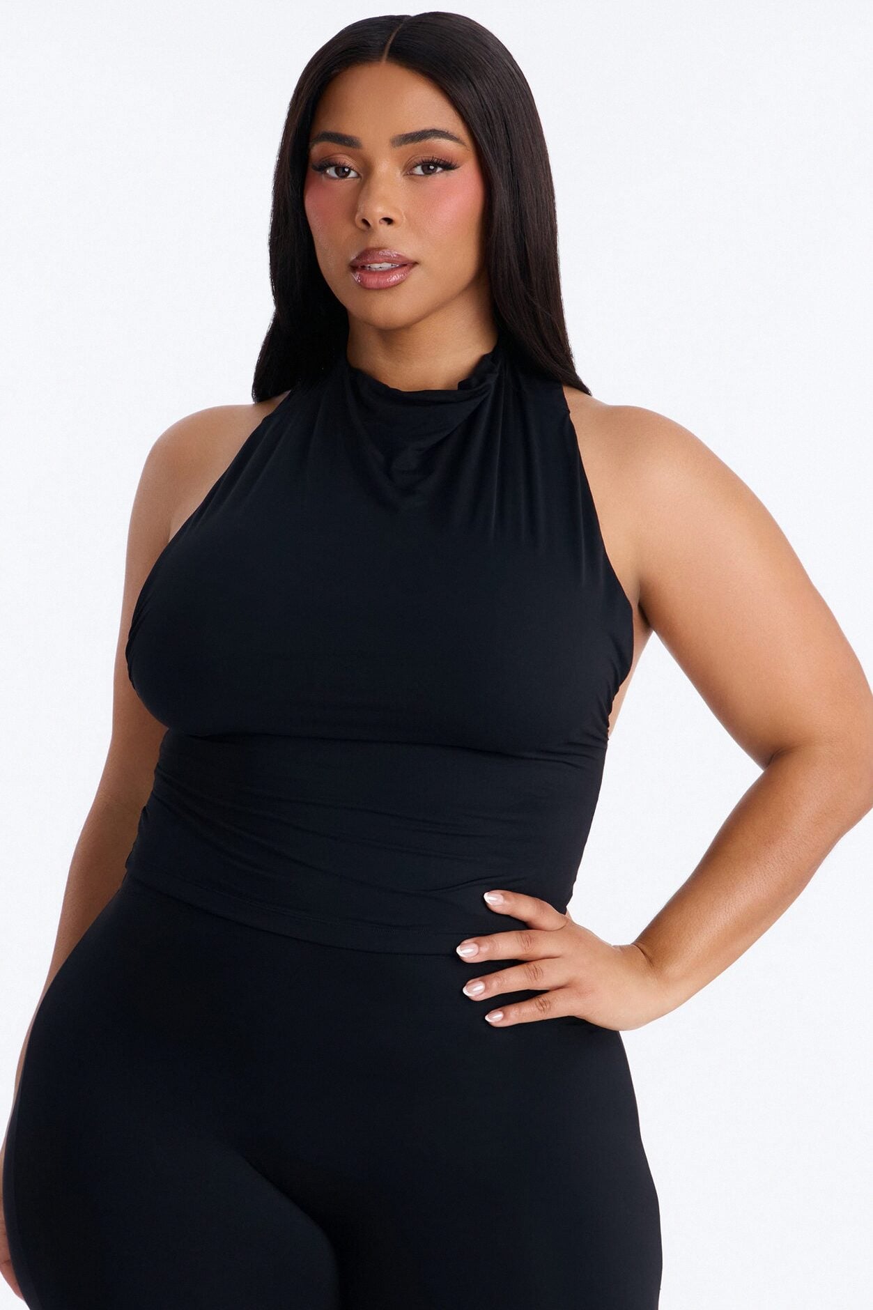 Second Skin Double Lined Mock Neck Racerback Top - Black image 5