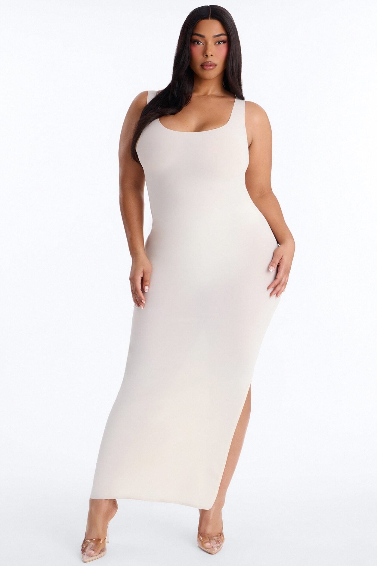 Power Mesh Low Scoop Back Sleeveless Maxi Dress - Bone image 4