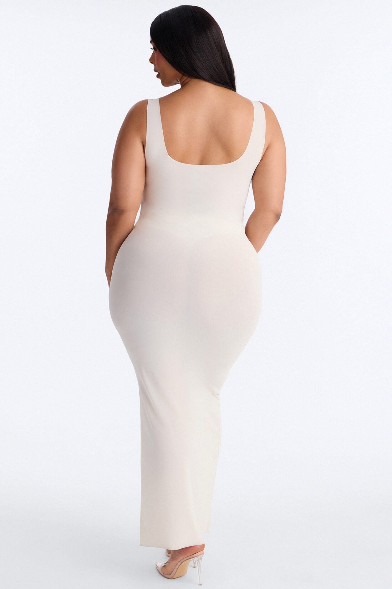 Power Mesh Low Scoop Back Sleeveless Maxi Dress - Bone image 7