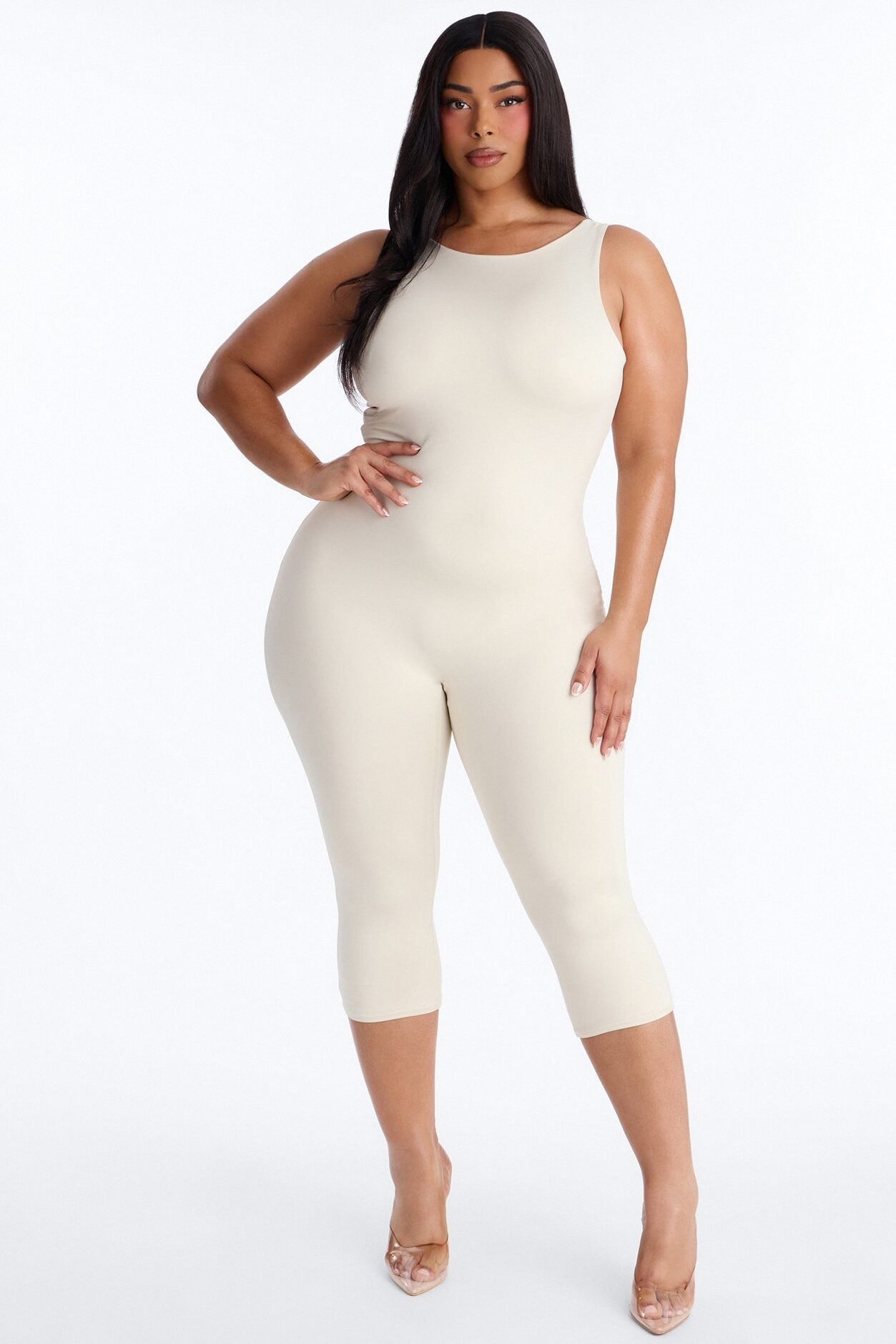 Contour Double Lined Low Back Capri Jumpsuit - Bone image 4