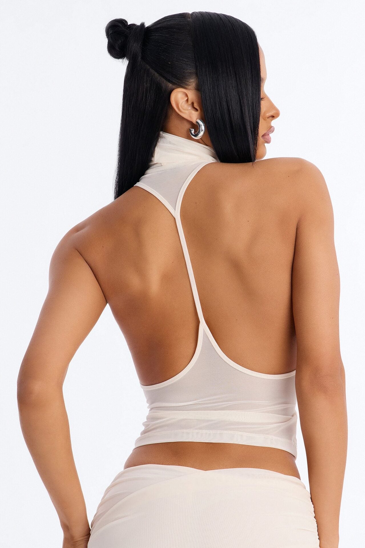 Power Mesh High Neck Thin Racerback Sleeveless Top - Bone image 3