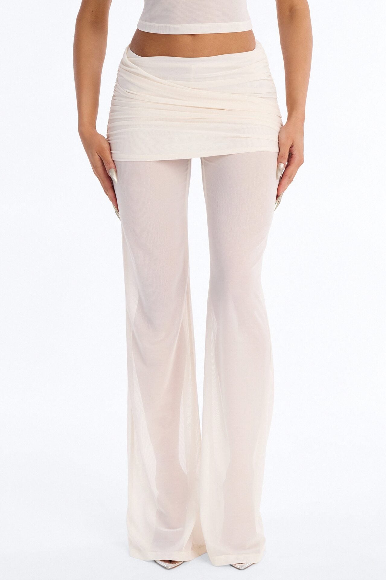 Power Mesh Foldover Ruched Flare Pant - Bone image 2