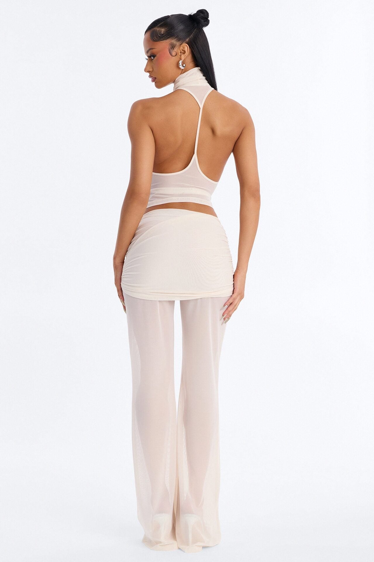 Power Mesh Foldover Ruched Flare Pant - Bone image 3
