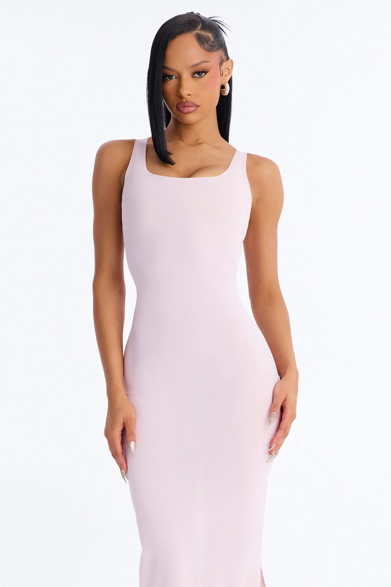 Power Mesh Low Scoop Back Sleeveless Maxi Dress - Light Pink image 2
