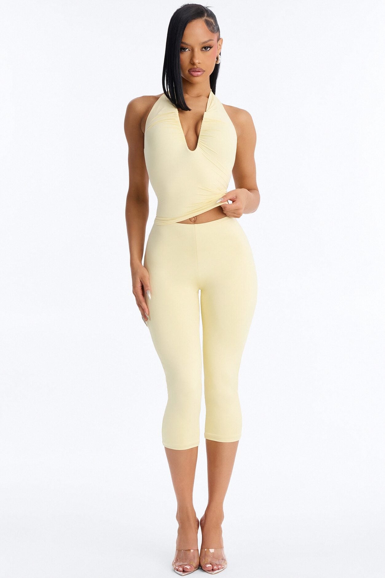Second Skin Double Lined Ruched V Wire Halter Top - Butter Yellow image 2