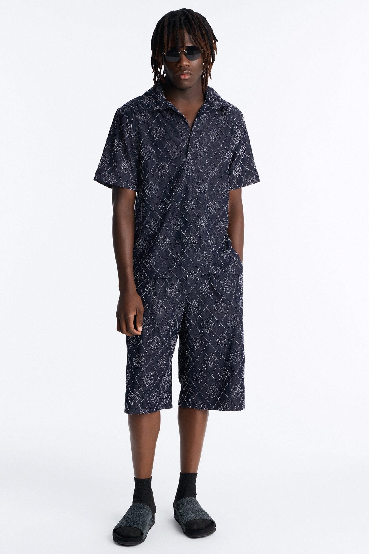Diamond Frayed Jacquard Polo - Navy image 2