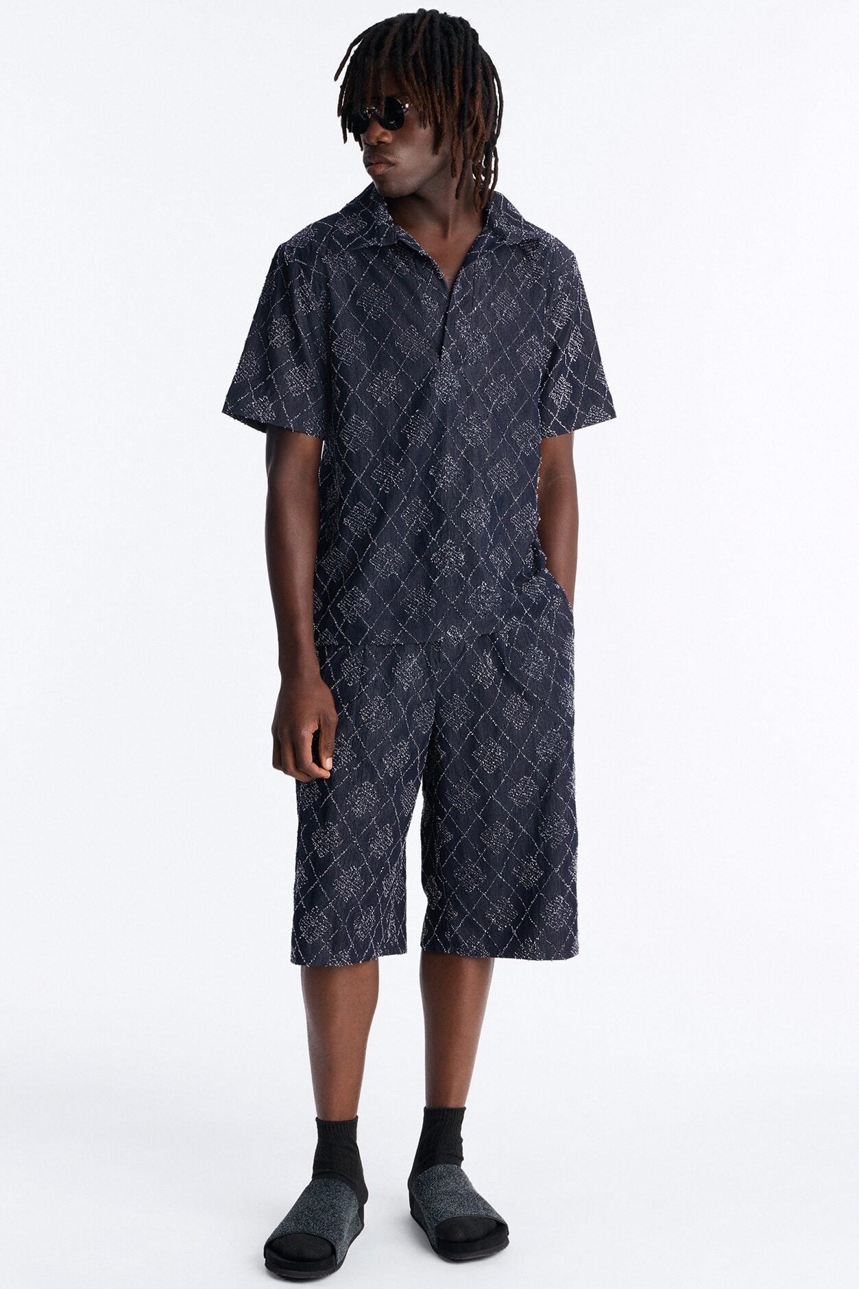 Baggy Diamond Frayed Jacquard Long Short - Navy image 2